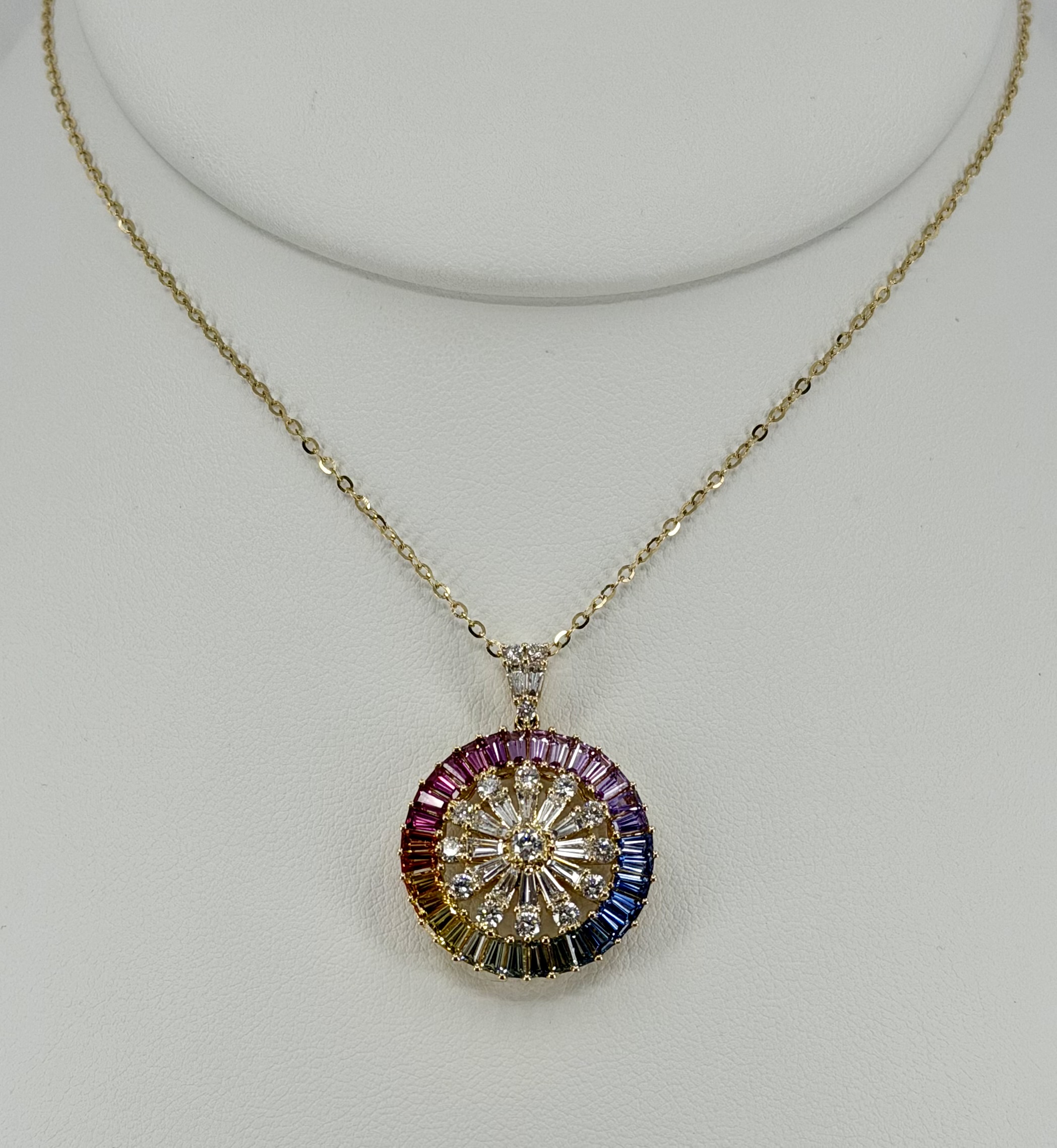 18K Yellow Gold Sapphire & Diamond Rainbow Pendant Necklace
