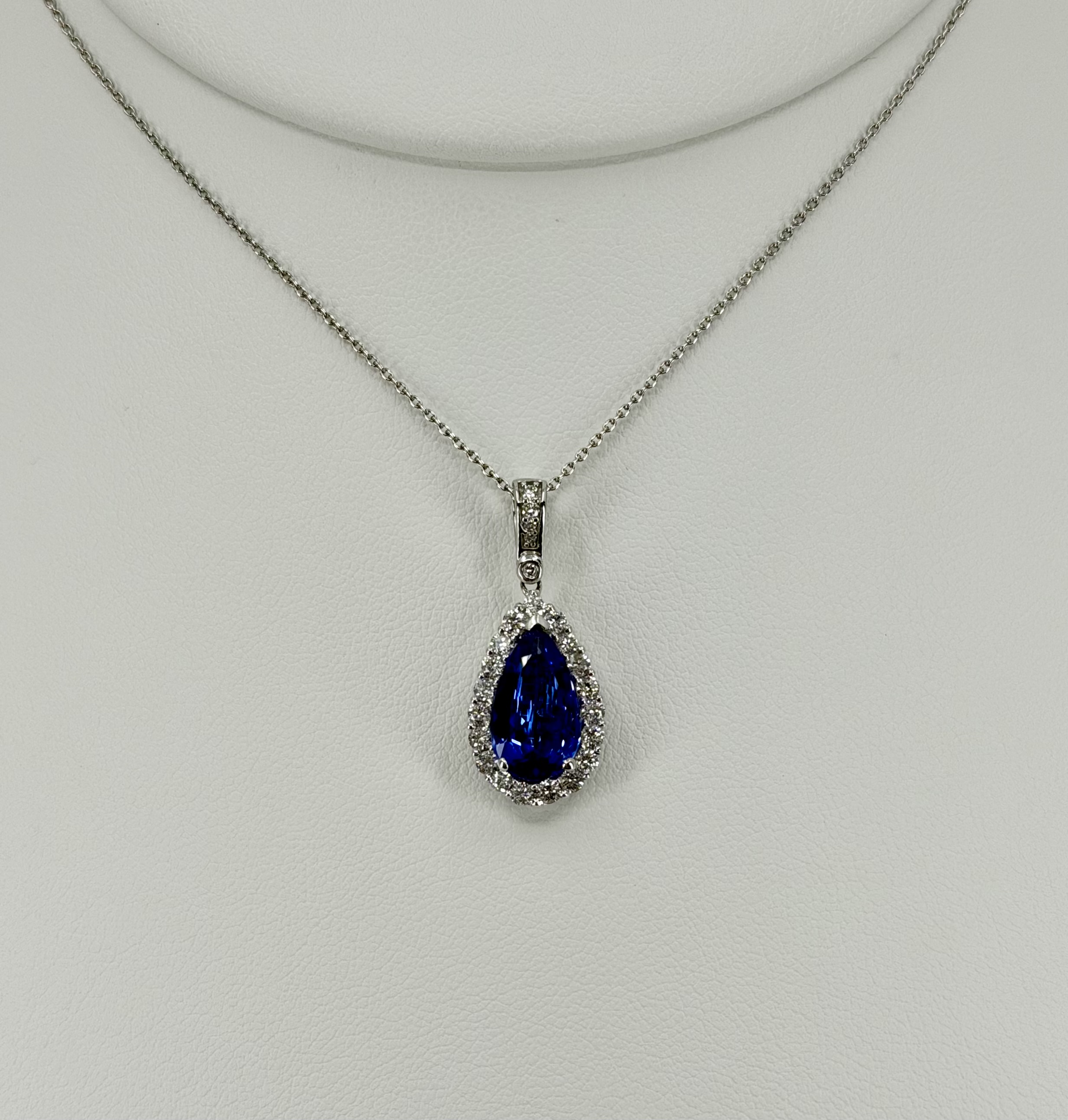 14K White Gold AAA Pear Tanzanite & Diamond Halo Pendant Necklace
