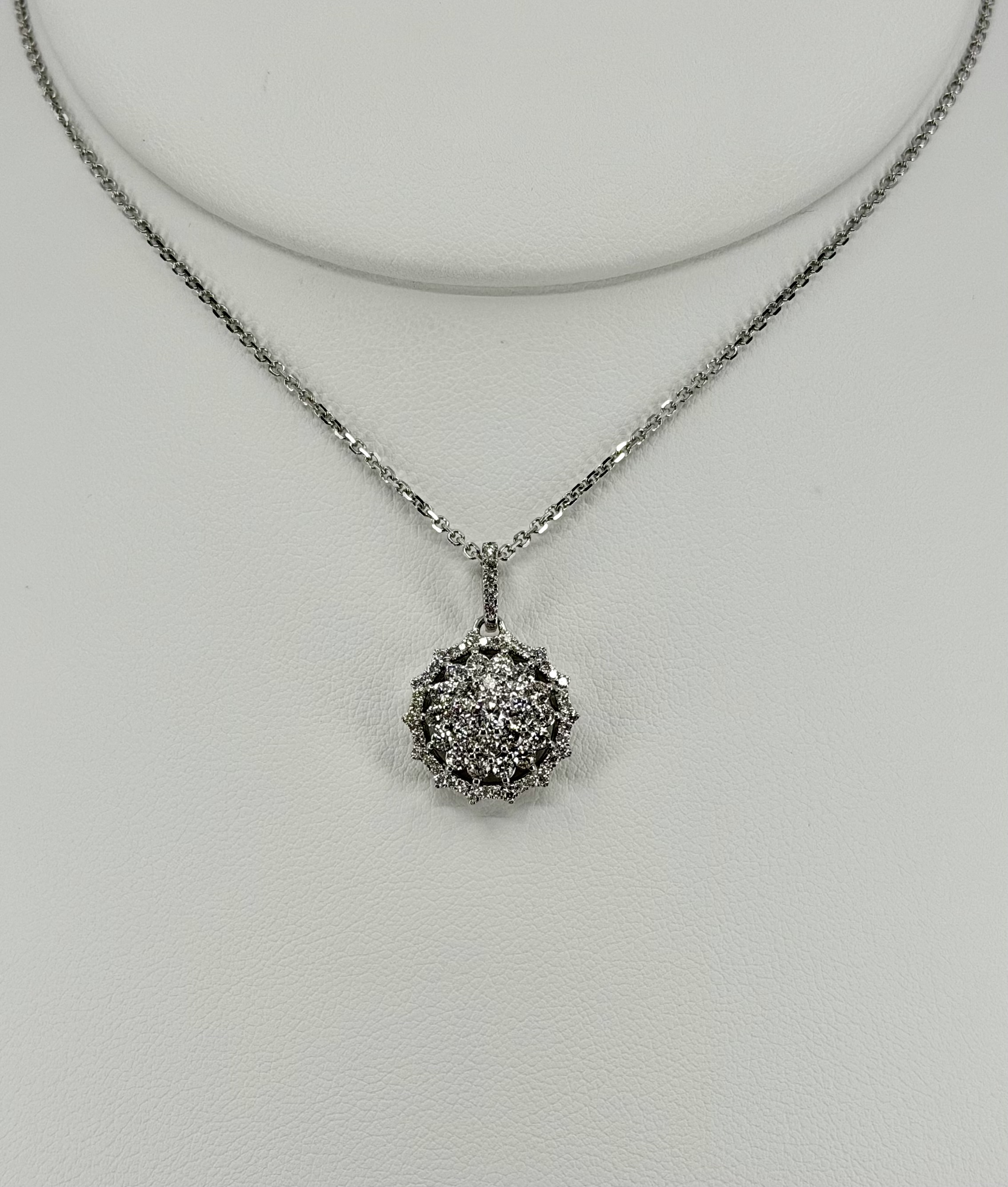 14K White Gold Diamond Cluster Pendant Necklace