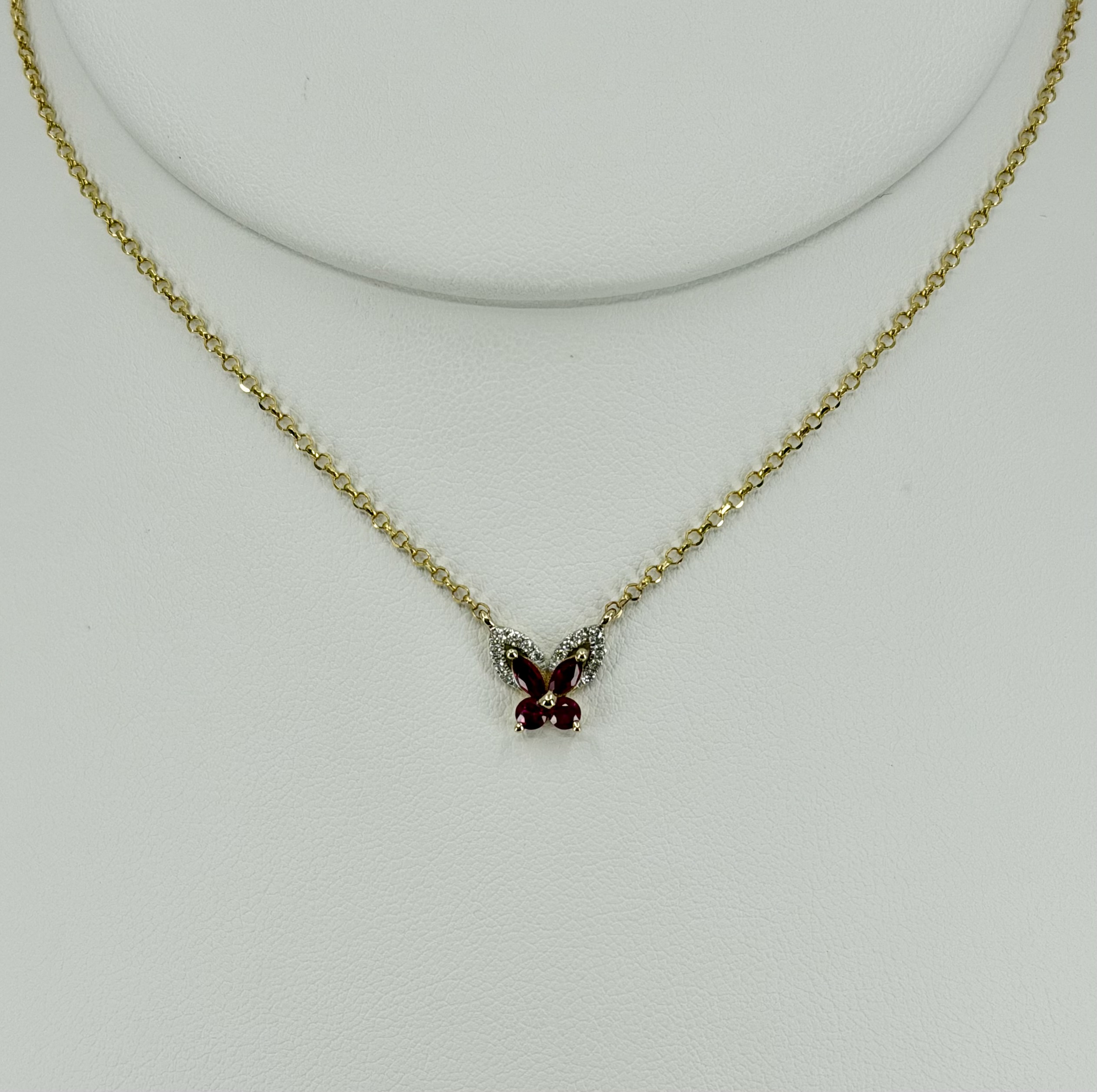 14K Yellow Gold Ruby & Diamond Butterfly Necklace