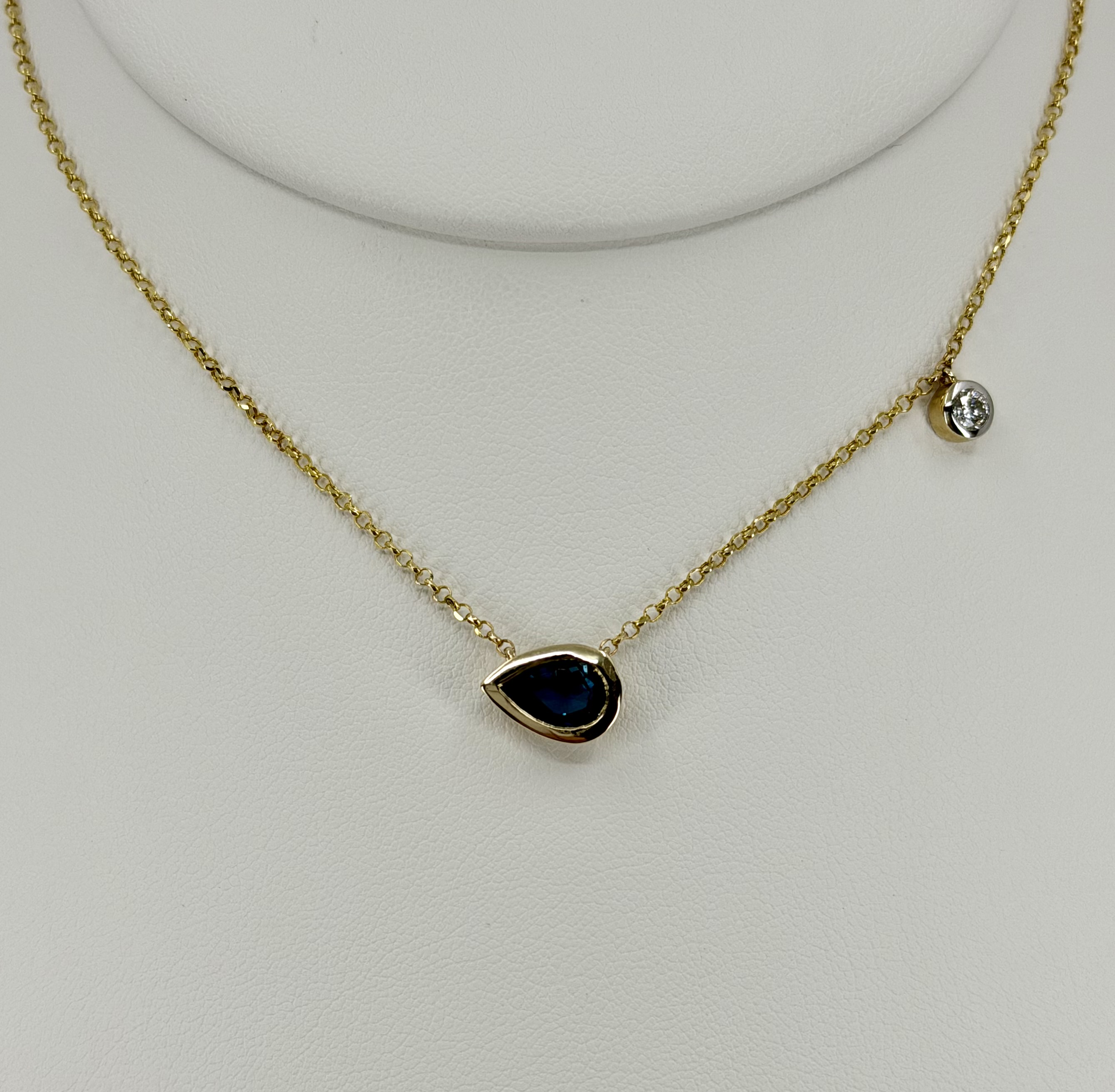 14K Yellow Gold Pear London Blue Topaz & Diamond Bezel Necklace