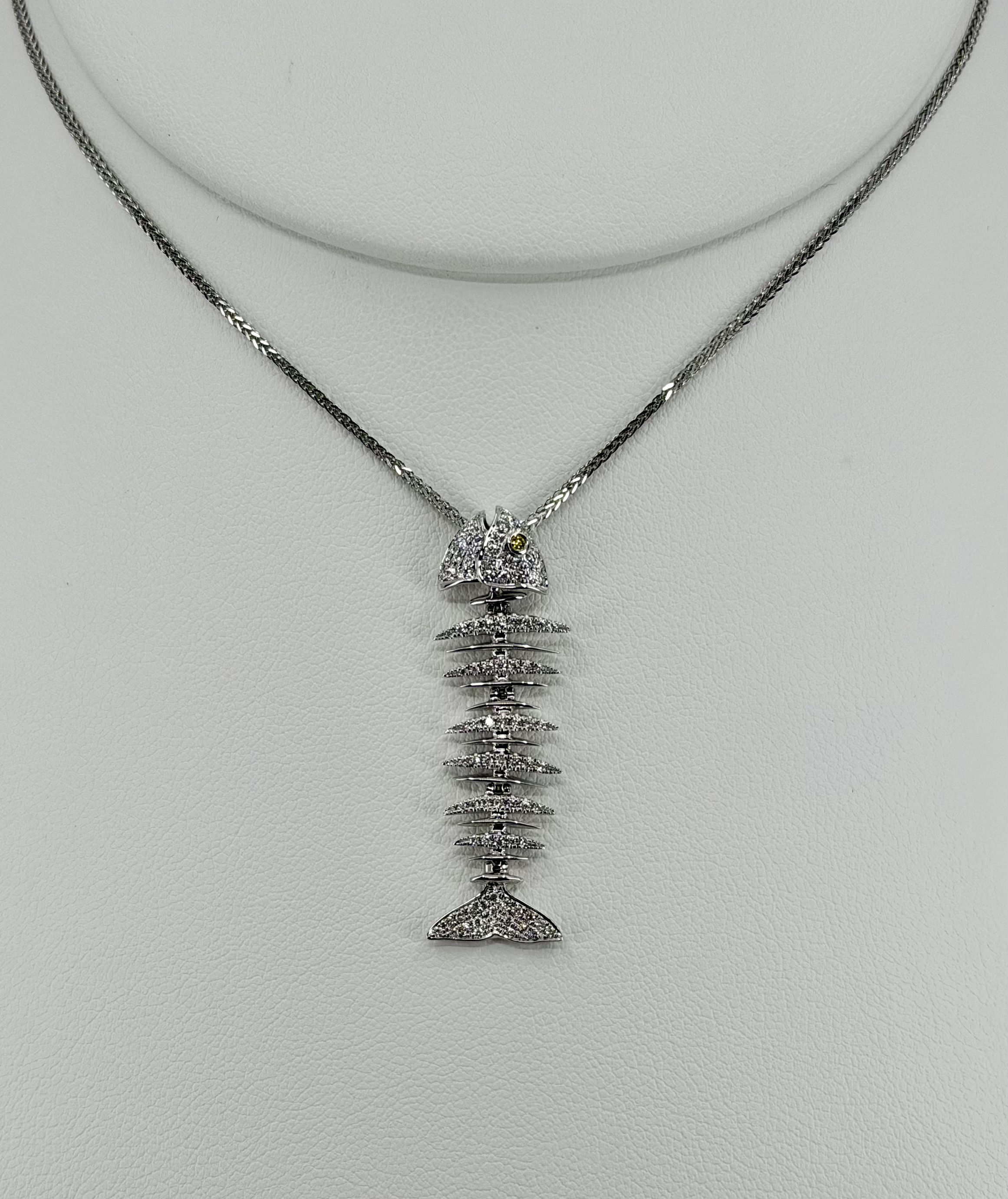 14K White Gold Diamond Wiggle Bone Fish Pendant Necklace