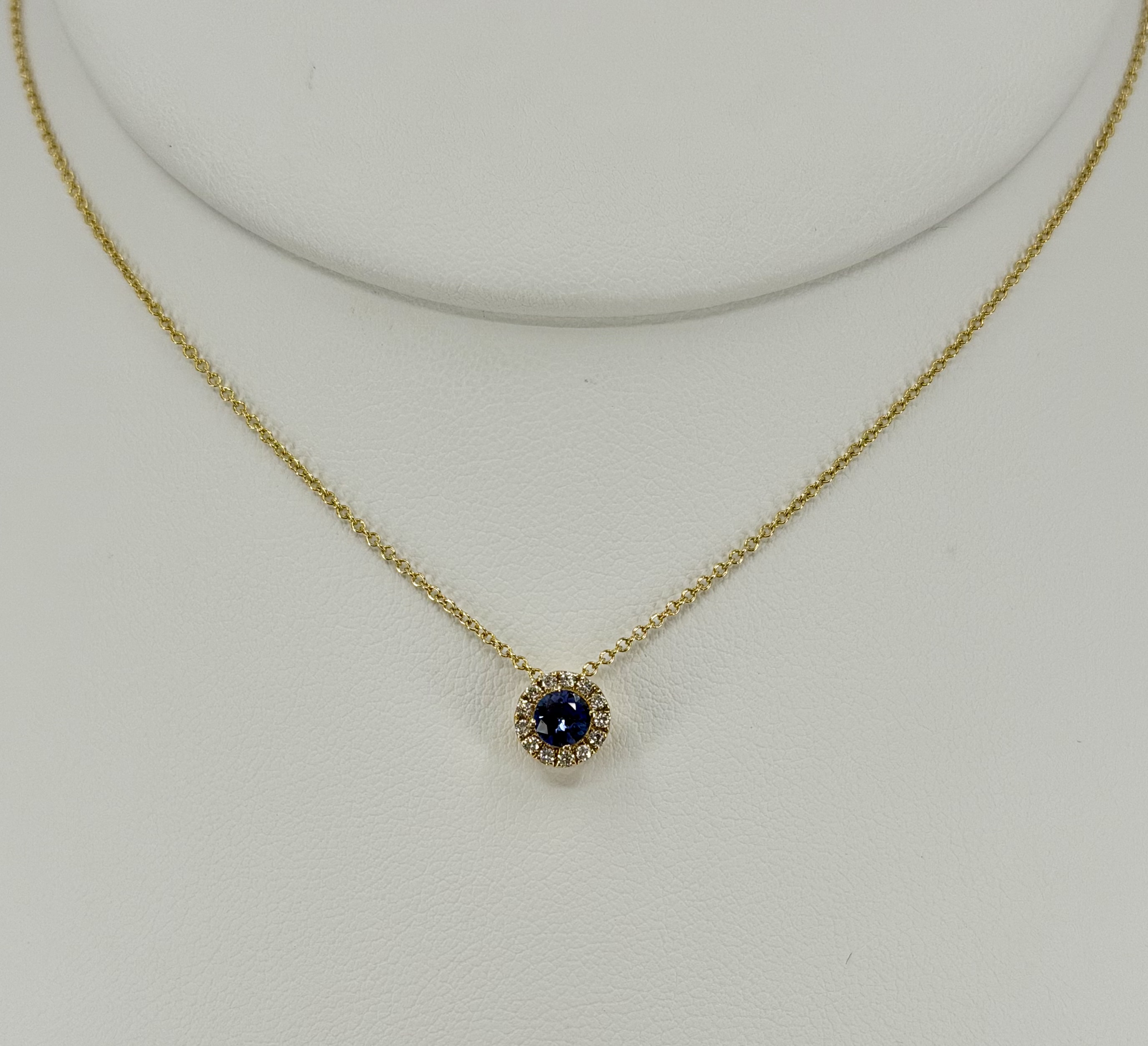 14K Yellow Gold Blue Sapphire & Diamond Halo Pendant