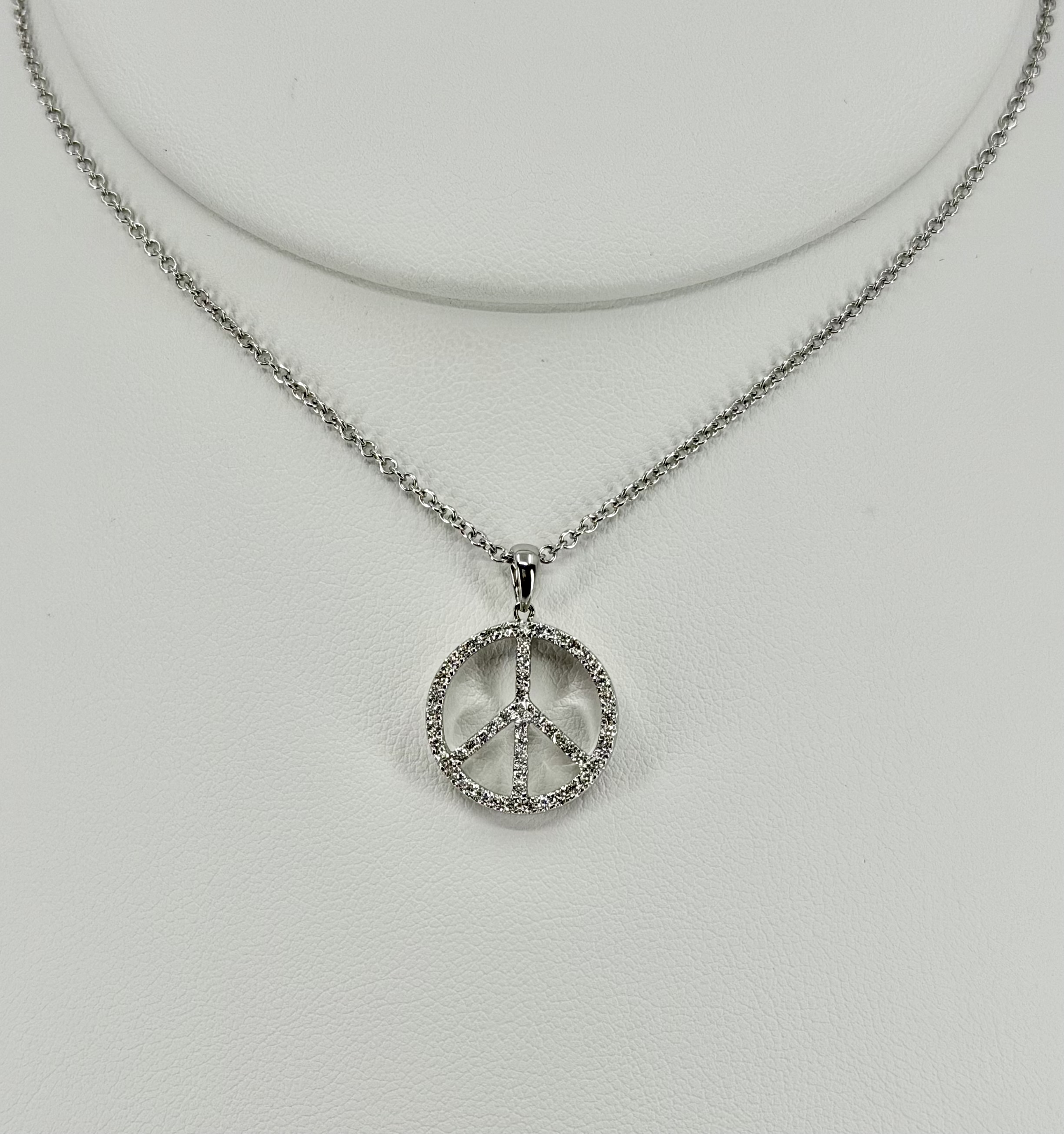 14K White Gold Diamond Peace Sign Pendant Necklace