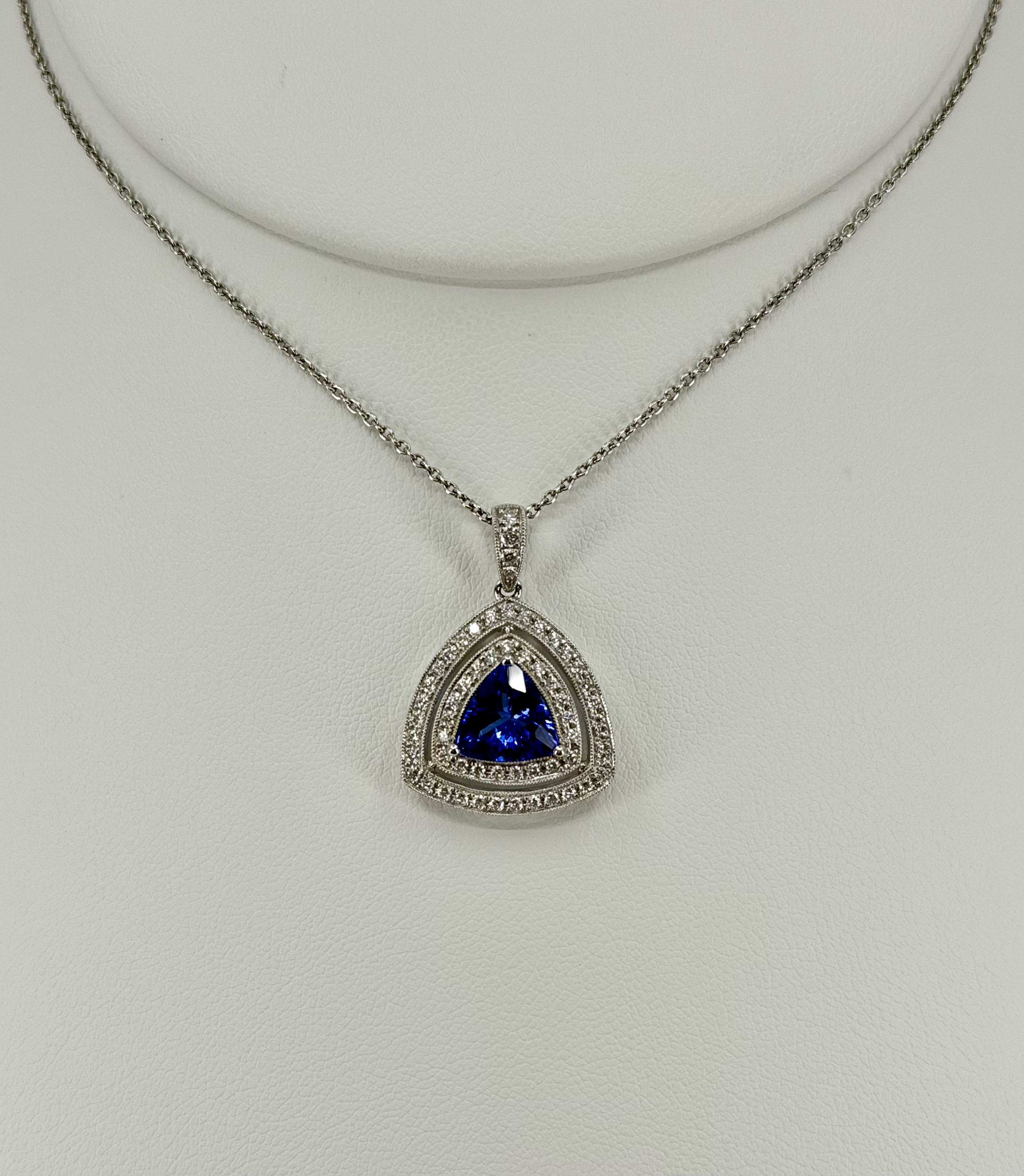 18K White Gold Trillion Tanzanite & Diamond Pendant Necklace