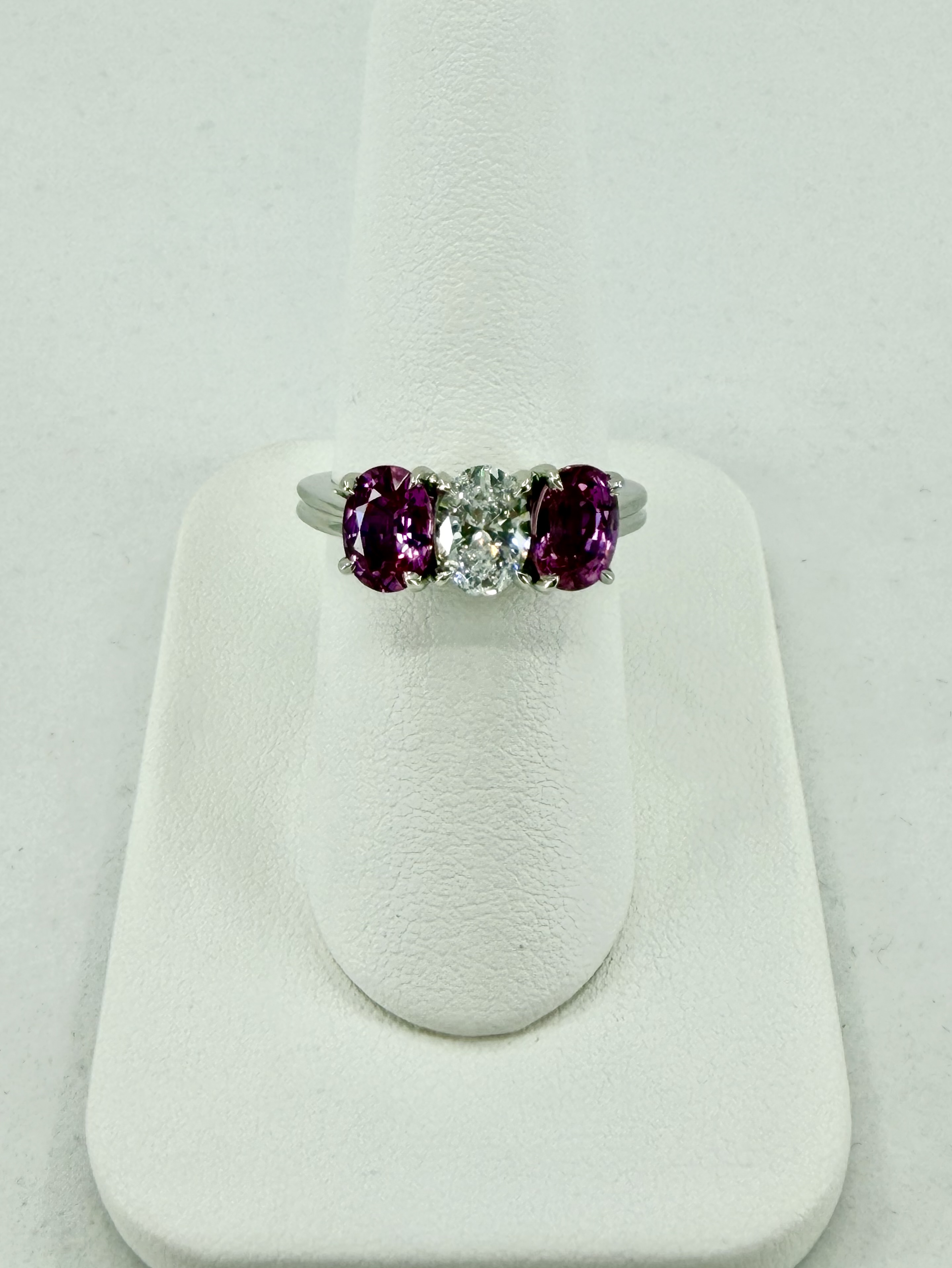 Platinum Three-Stone Diamond and Pink Sapphire Ring