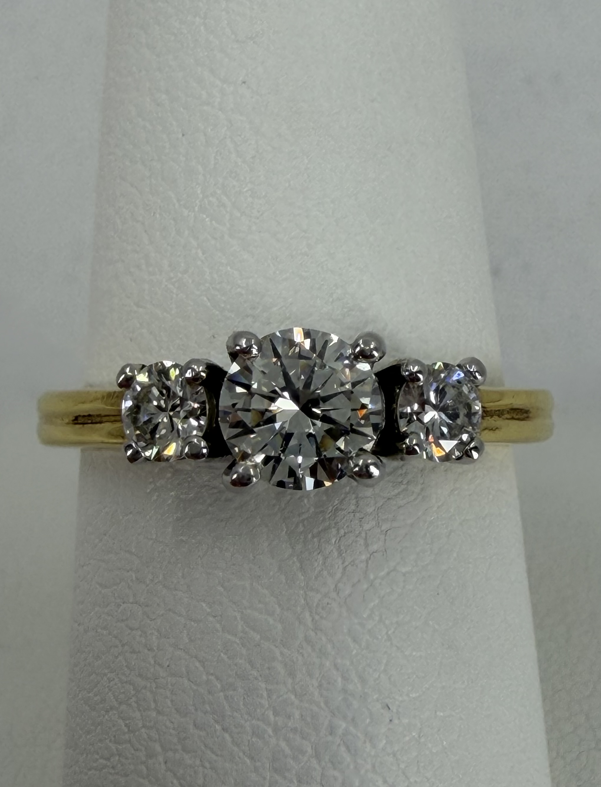 18 Karat Yellow Gold & Platinum Grooved Shank With 1 Diamond = 0.53 Carat & 2 Diamonds = 0.31 Carats, H Color, VS1 Clarity