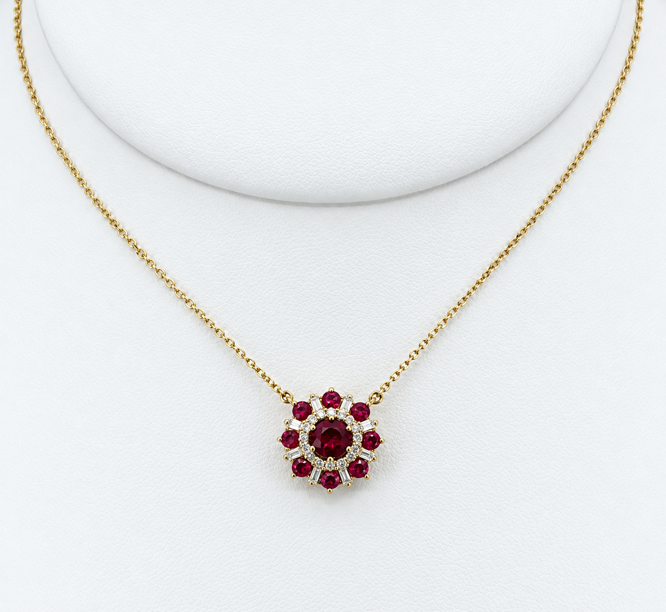 14K Yellow Gold Ruby & Diamond Flower Pendant Necklace