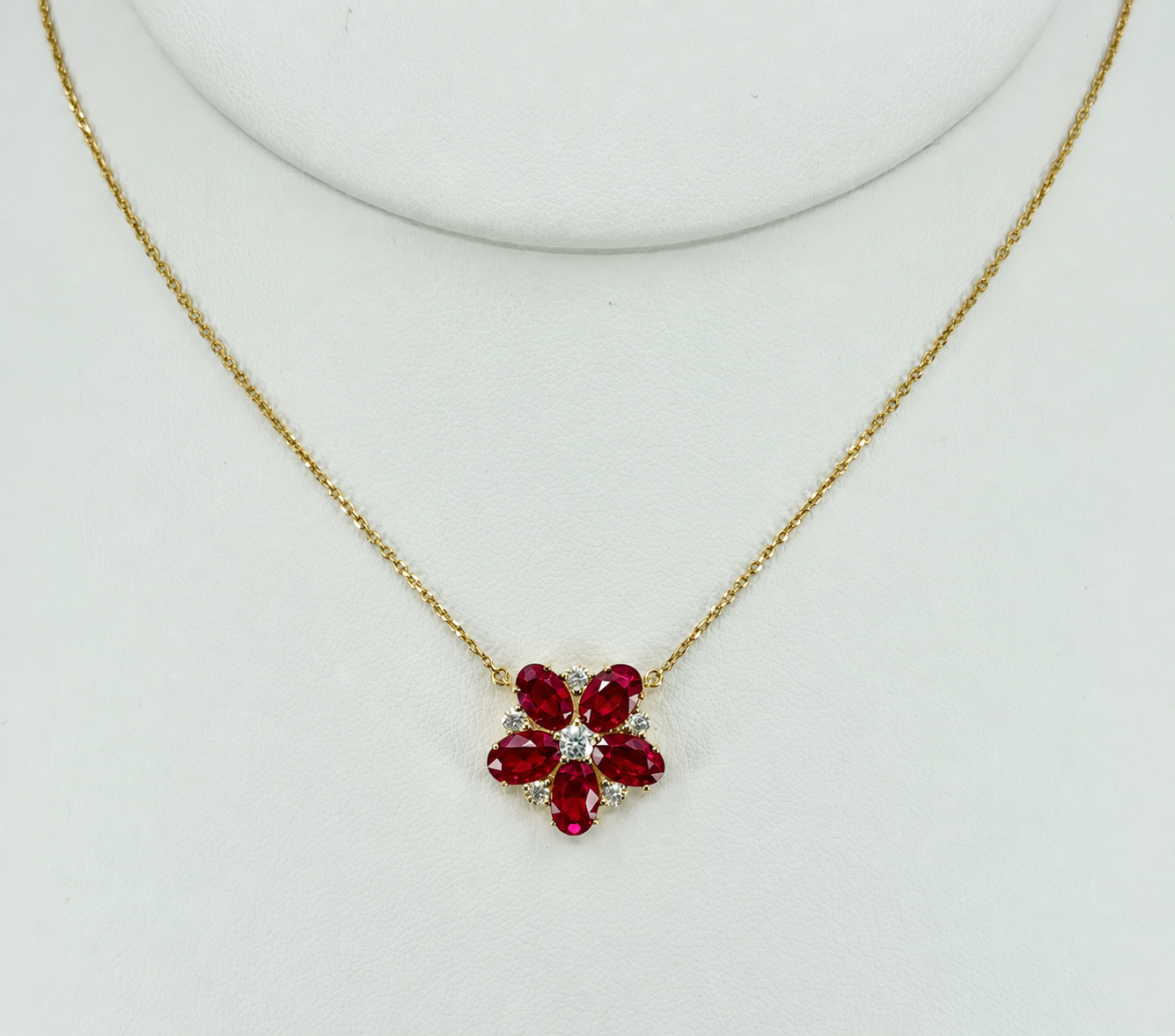 14K Yellow Gold Ruby & Diamond Flower Pendant Necklace