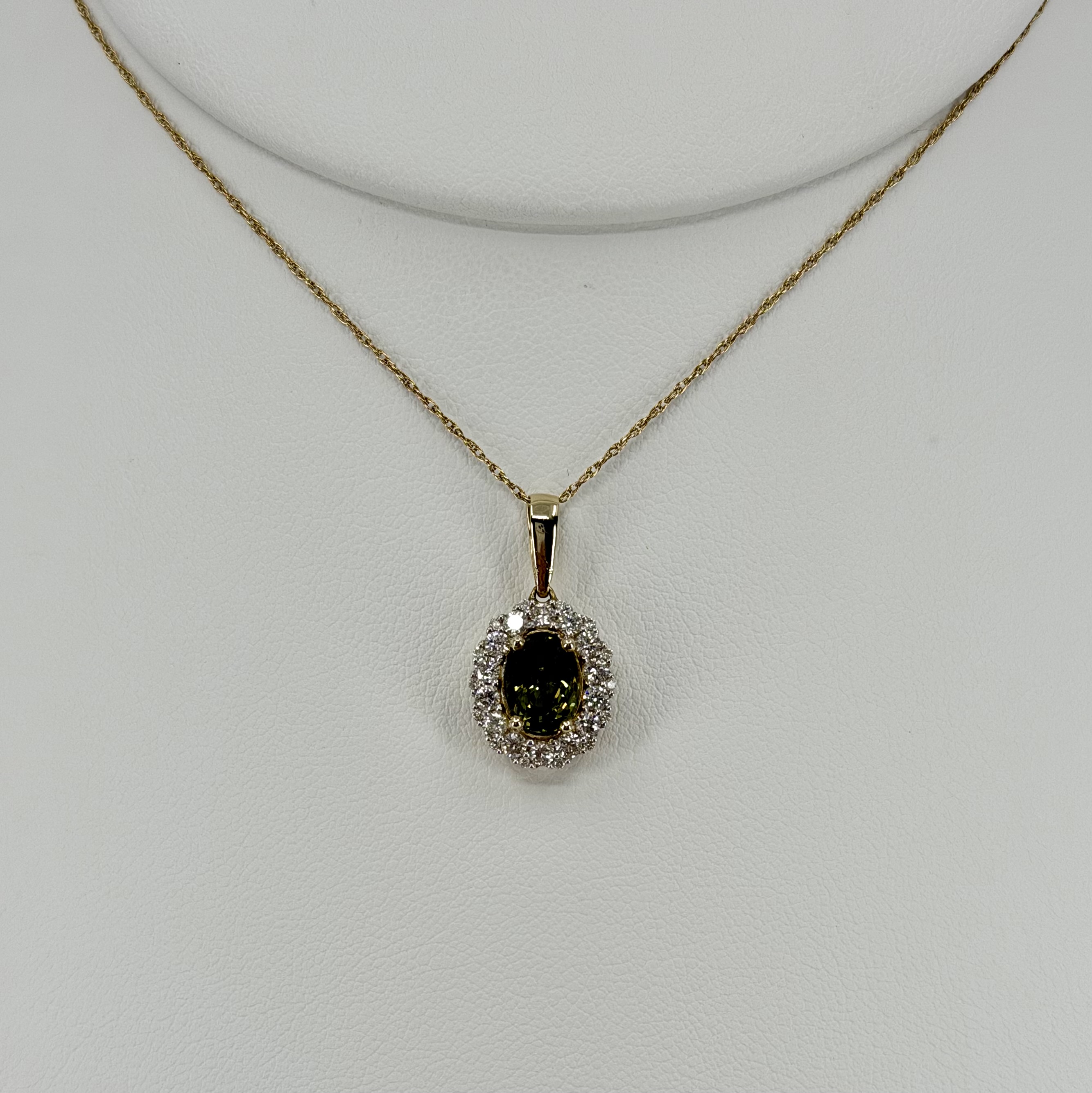 14K Yellow Gold Non-Heated Green Sapphire & Diamond Halo Necklace