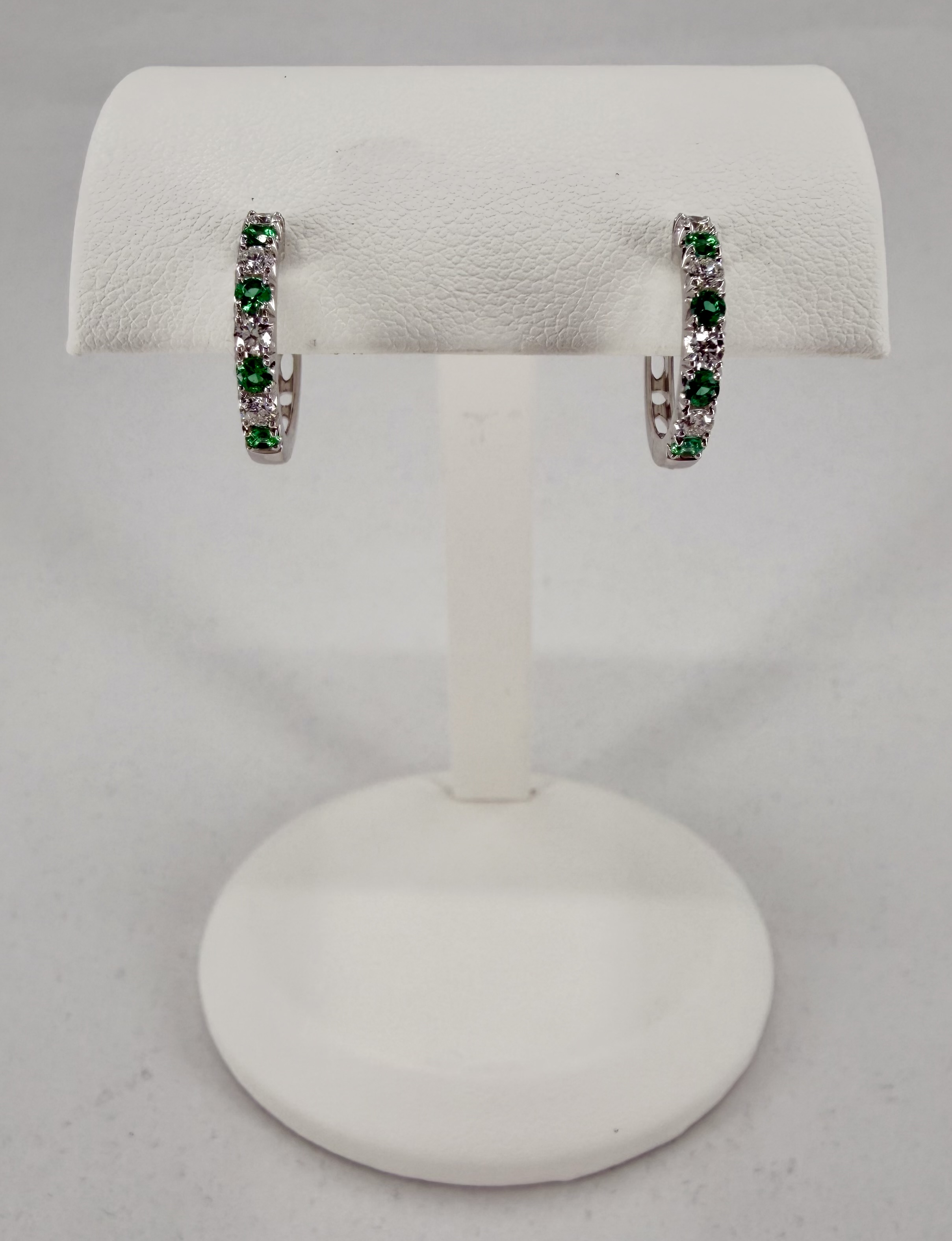 18K White Gold Emerald & Diamond Huggie Earrings