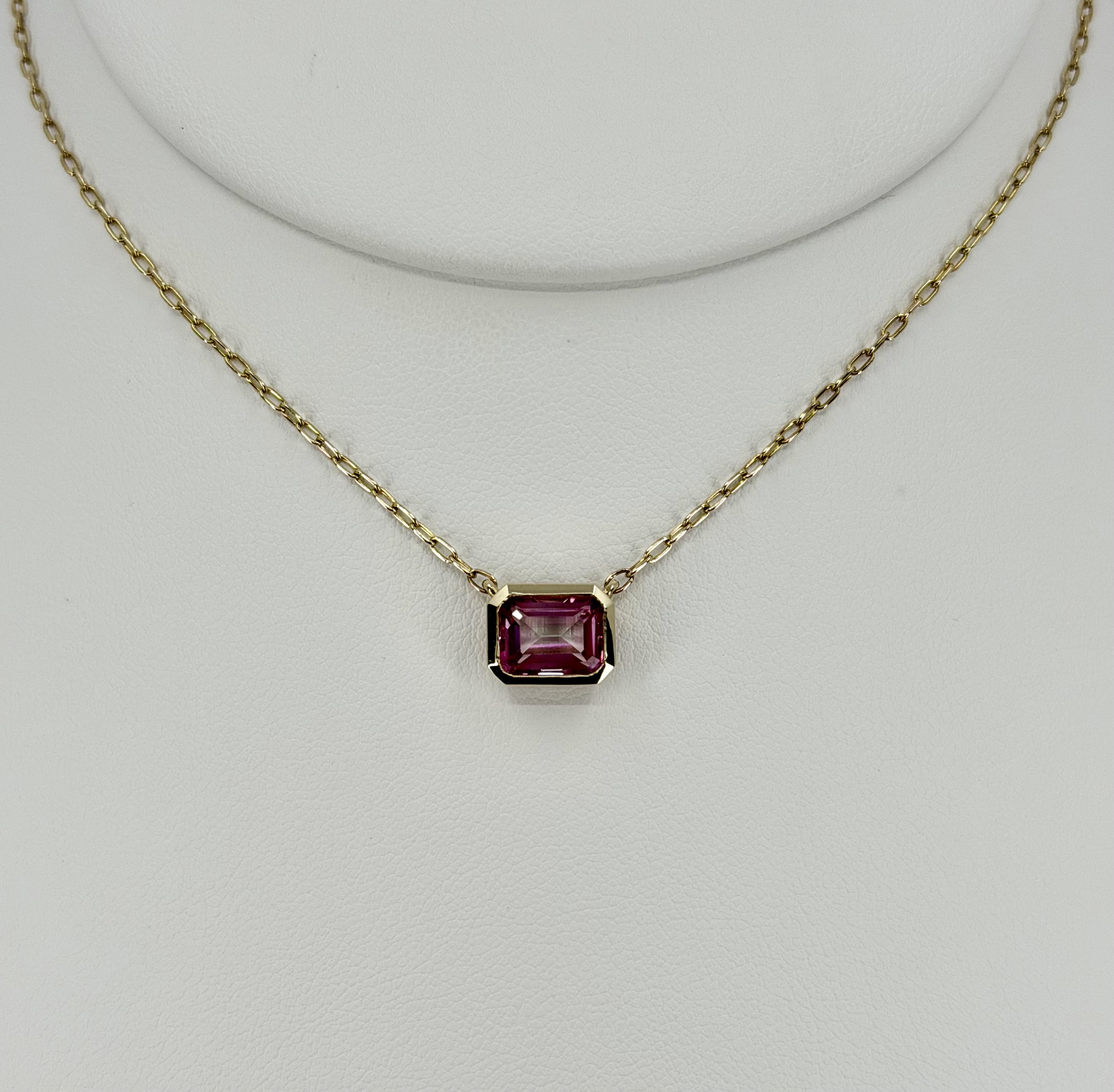 14K Yellow Gold Emerald-Cut Pink Topaz Pendant Necklace