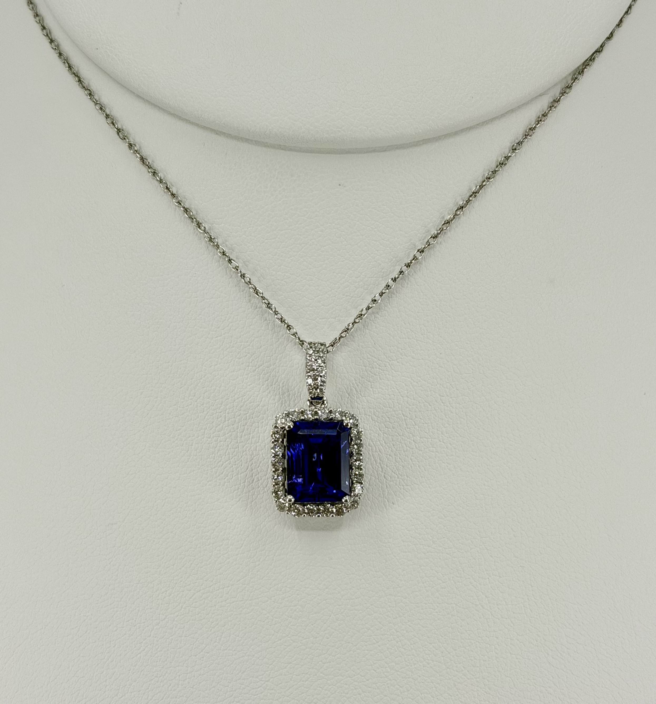 14K White Gold Tanzanite & Diamond Halo Pendant Necklace