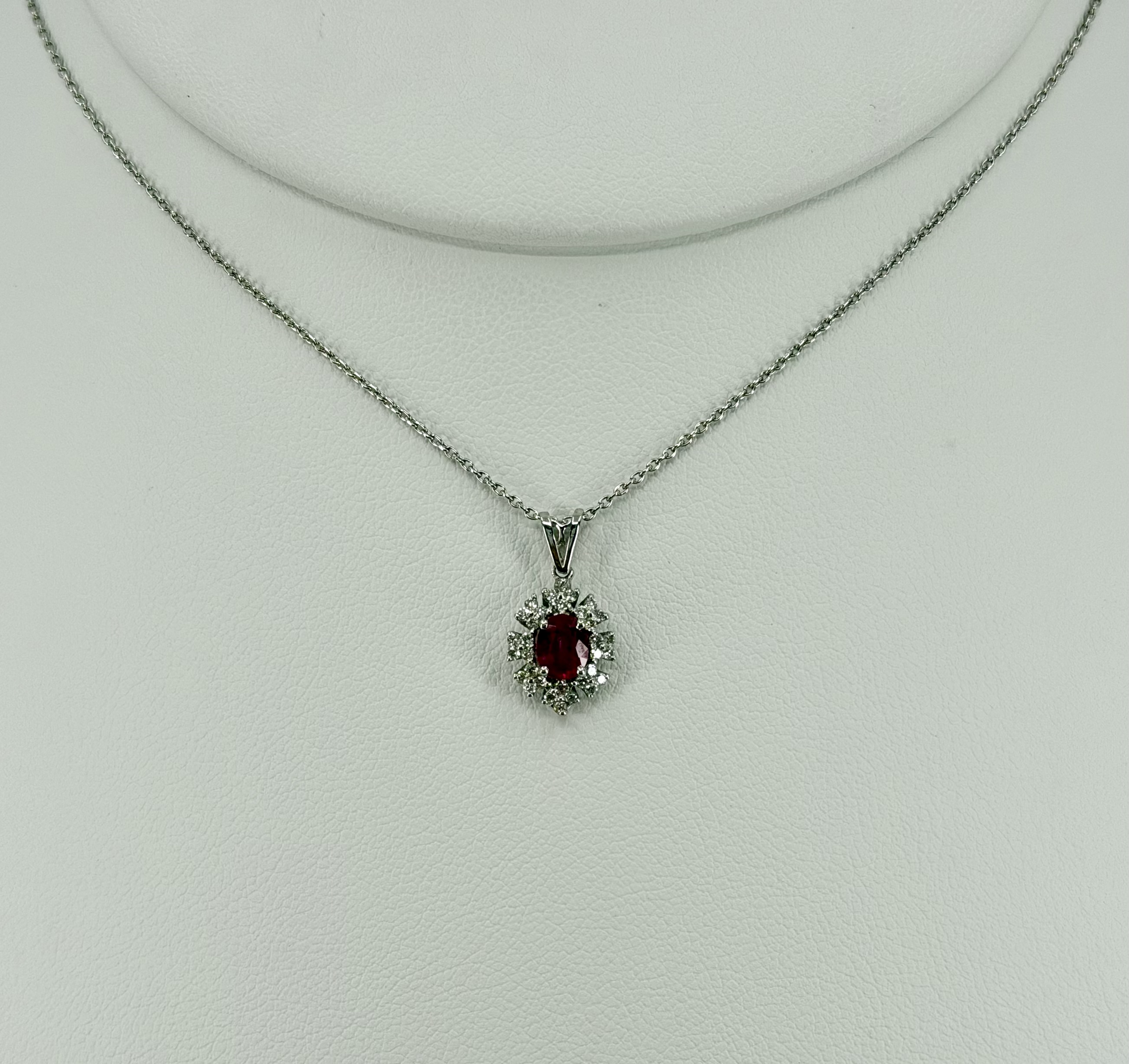 14K White Gold Oval Ruby & Diamond Pendant Necklace