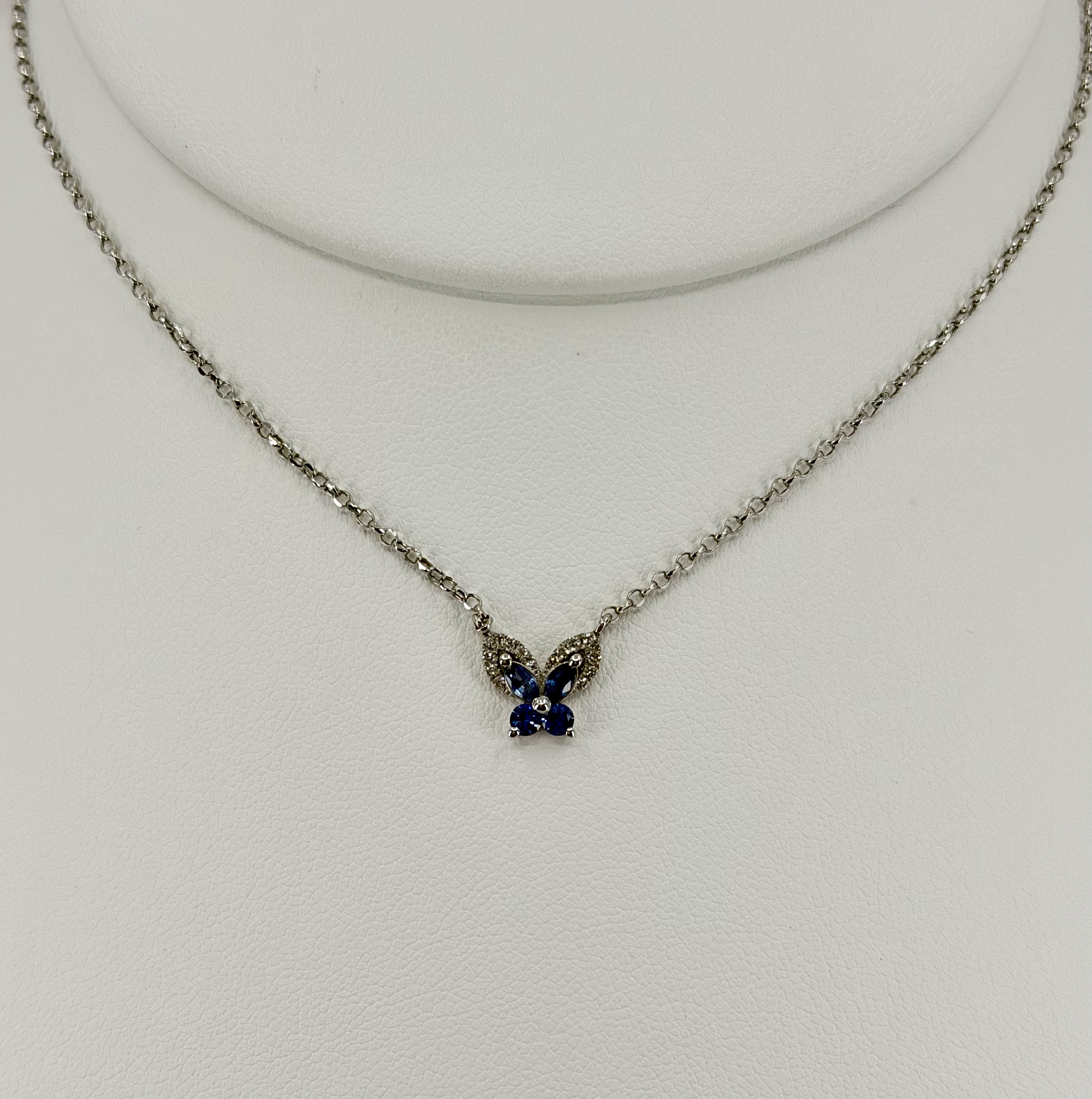 14K White Gold Sapphire & Diamond Butterfly Pendant Necklace