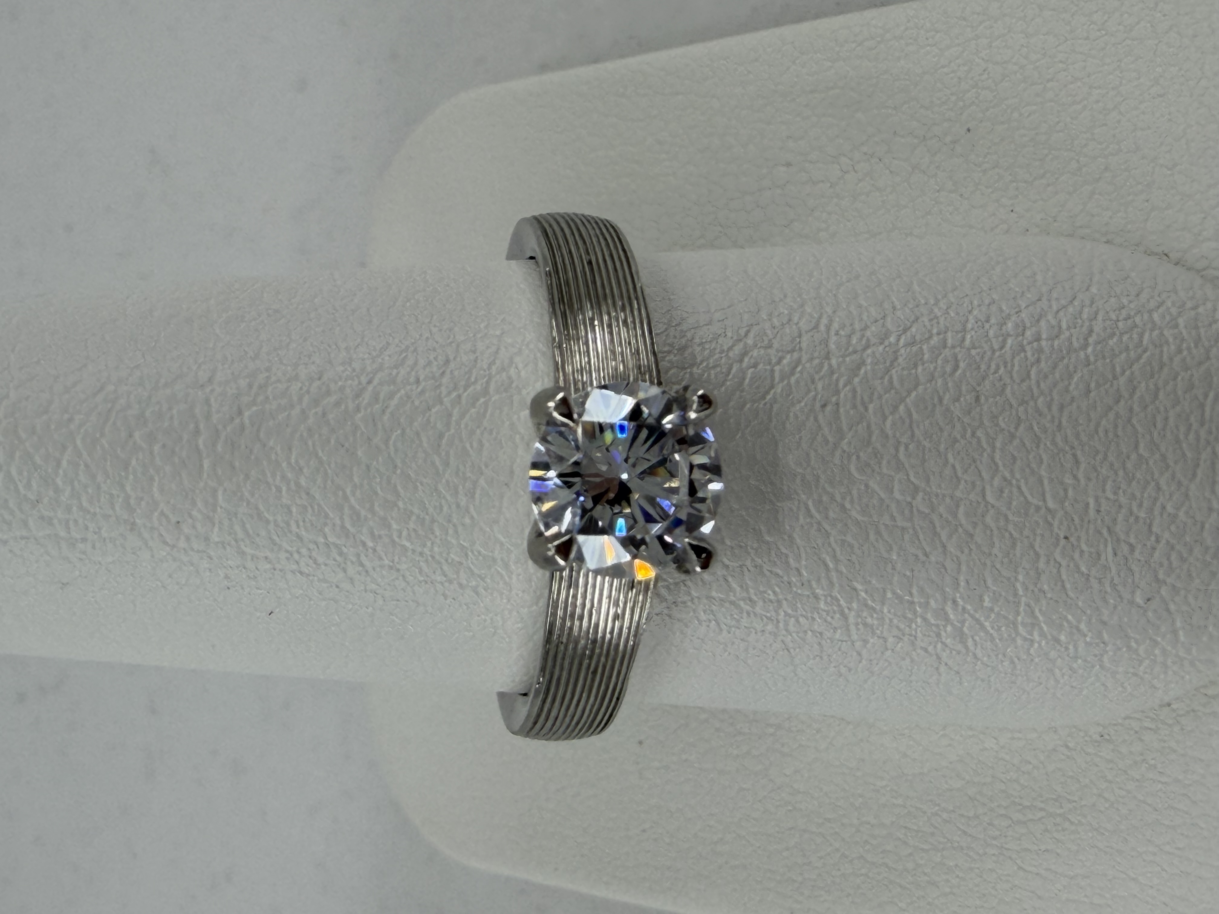 Platinum Cubic Zirconia Solitaire Ring with Grooved Tapered Shank