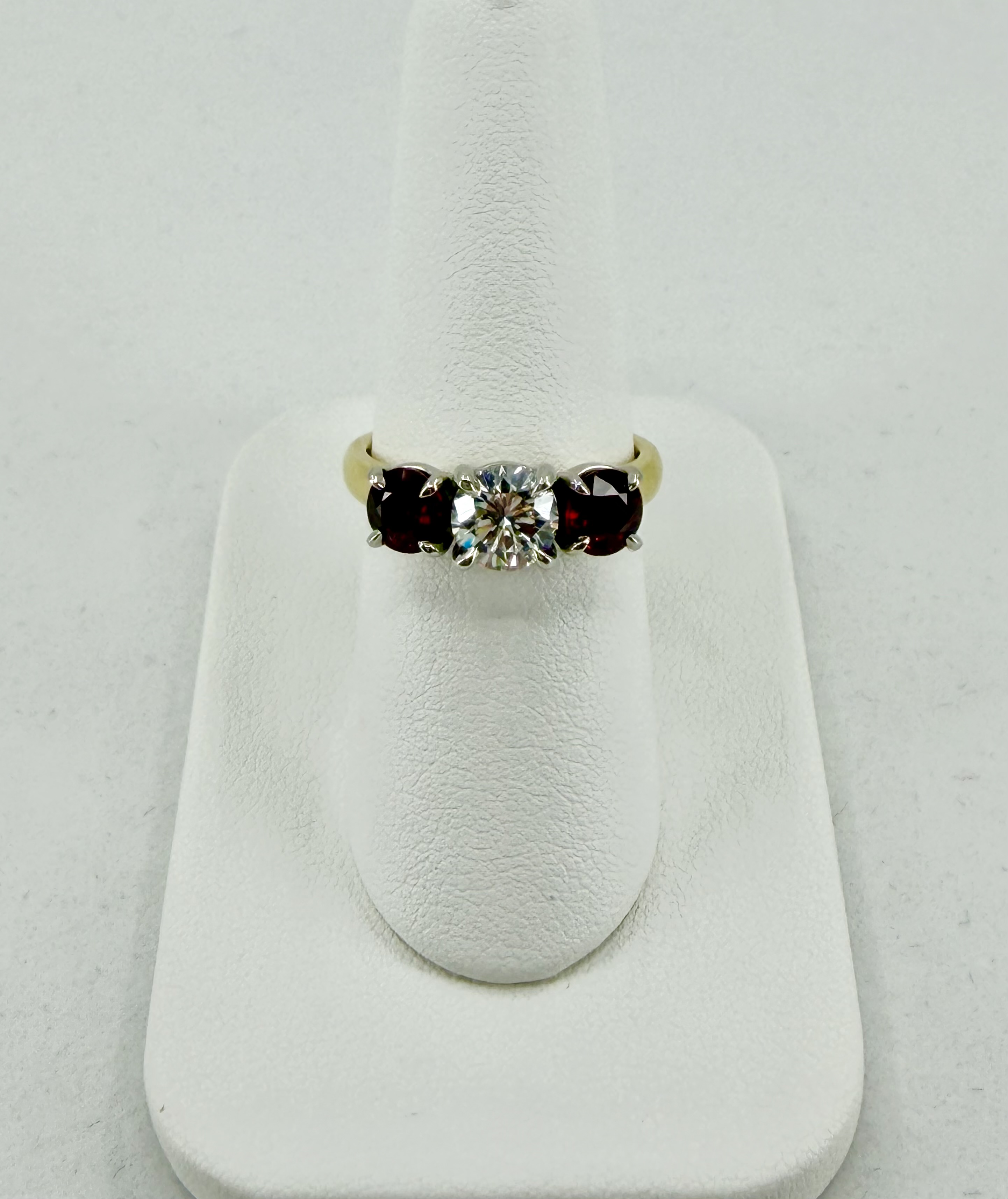 Platinum and 18K Yellow Gold Three Stone Diamond and Ruby Ring