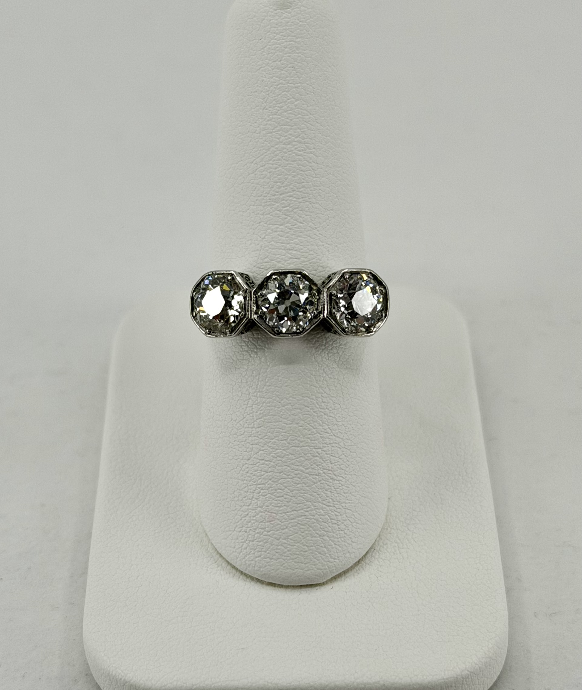 Antique Platinum Three Stone Old European Cut Diamond Ring