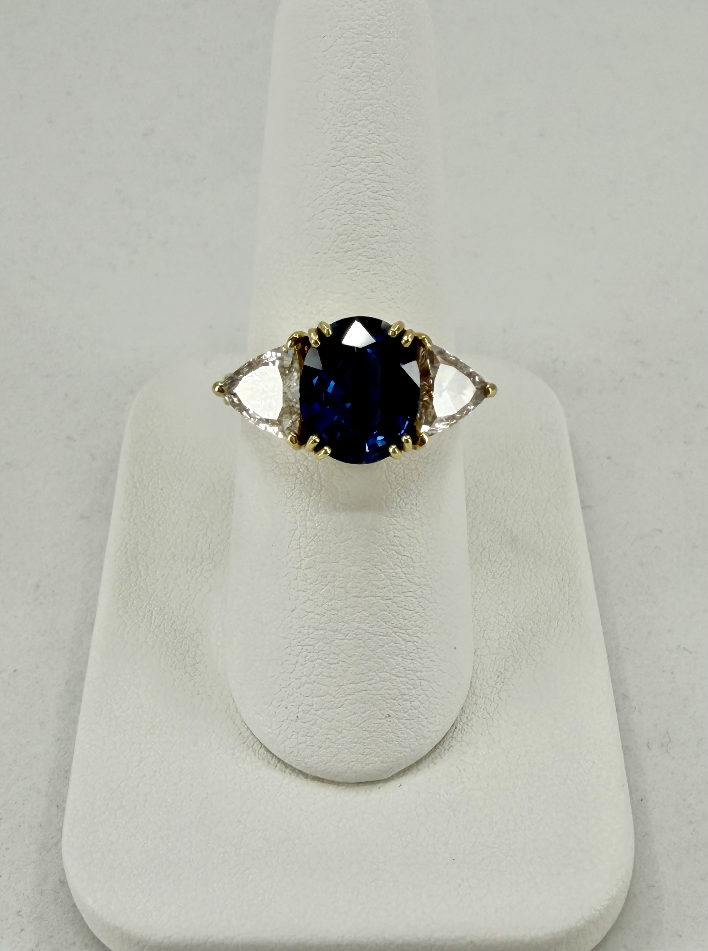 18K Yellow Gold Oval Sapphire & Trillion Diamond Three-Stone Ring