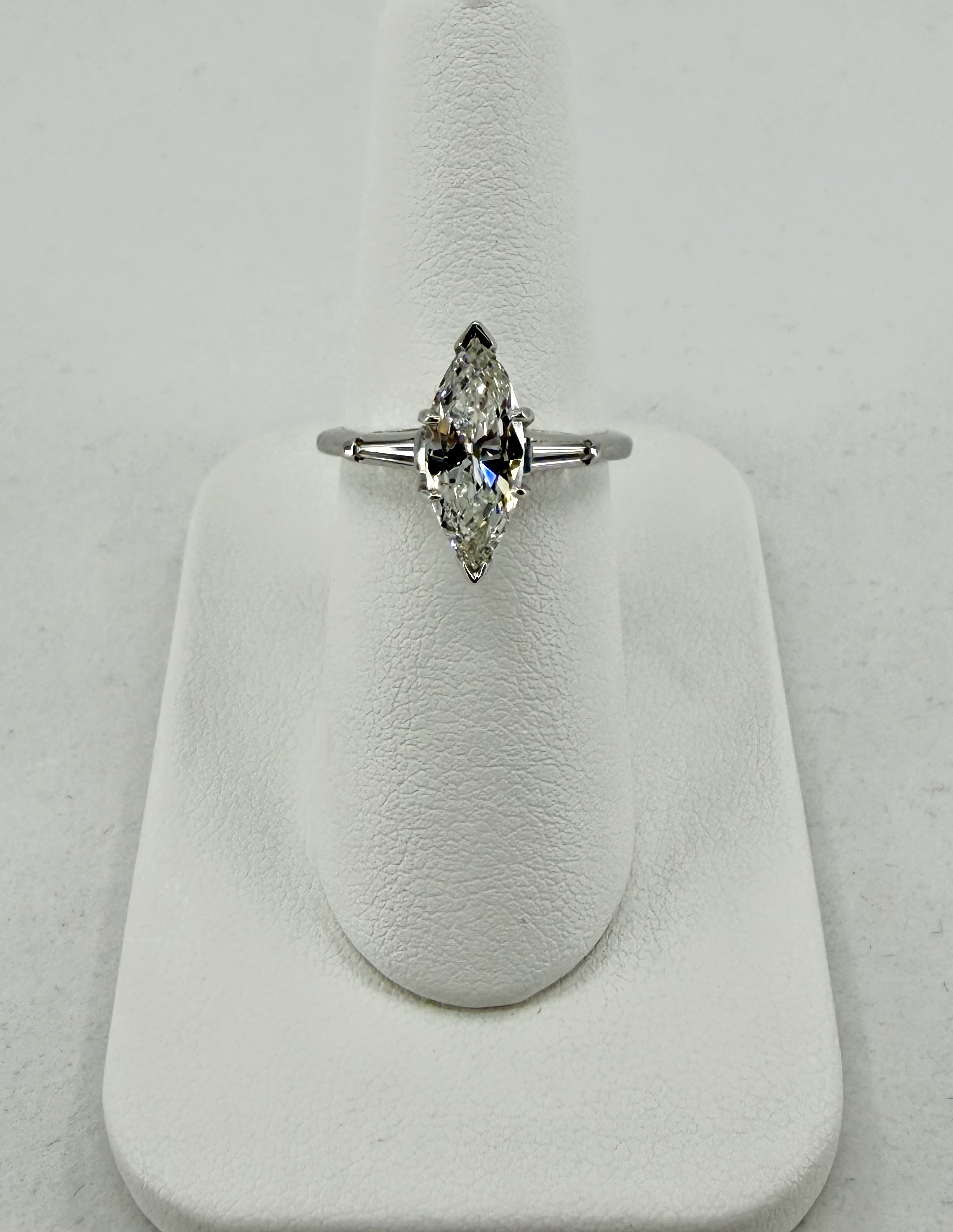 14K White Gold Marquise & Tapered Baguette Diamond Three Stone Ring