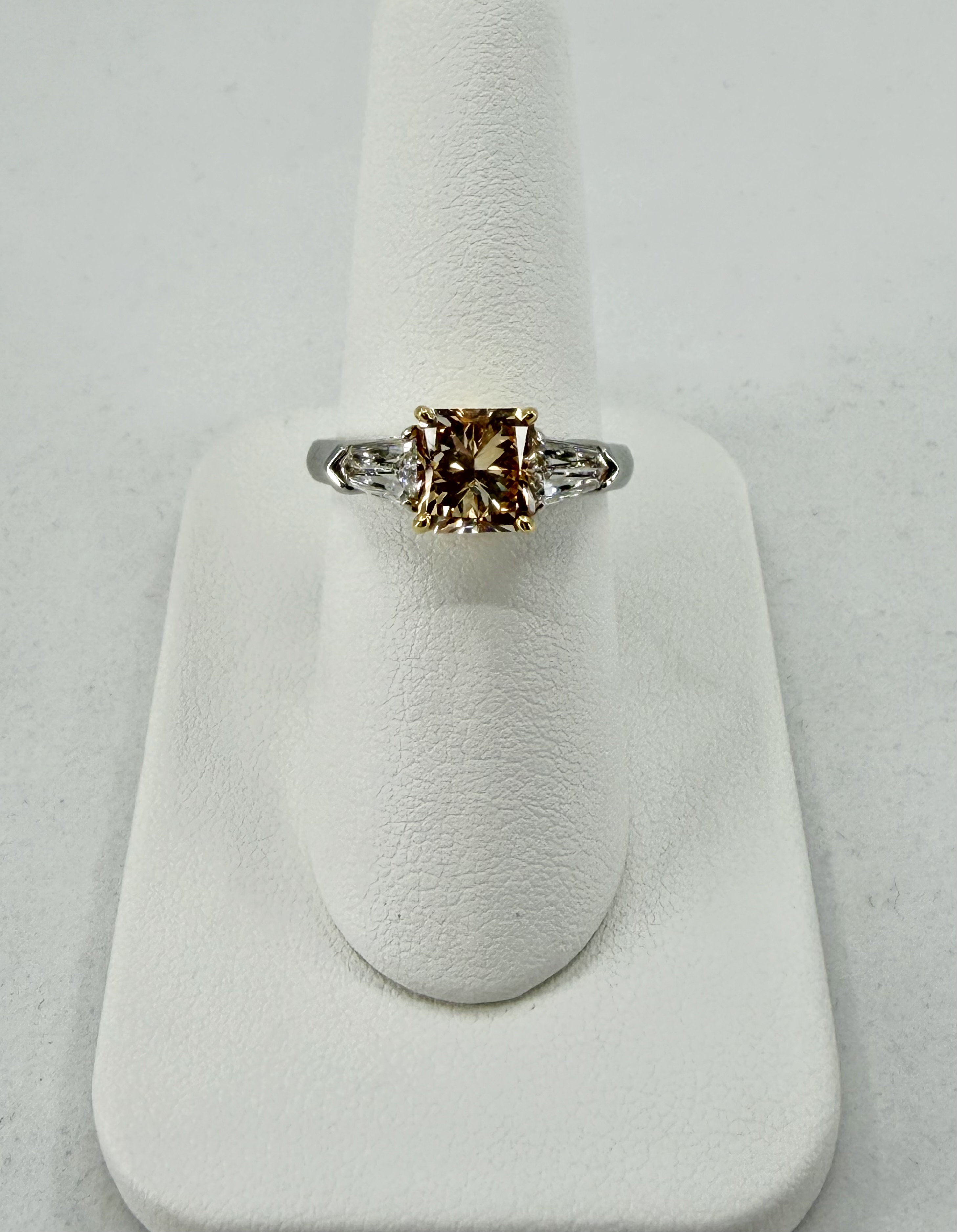 Platinum & 18K Yellow Gold Fancy Orange Radiant Diamond Three-Stone Ring