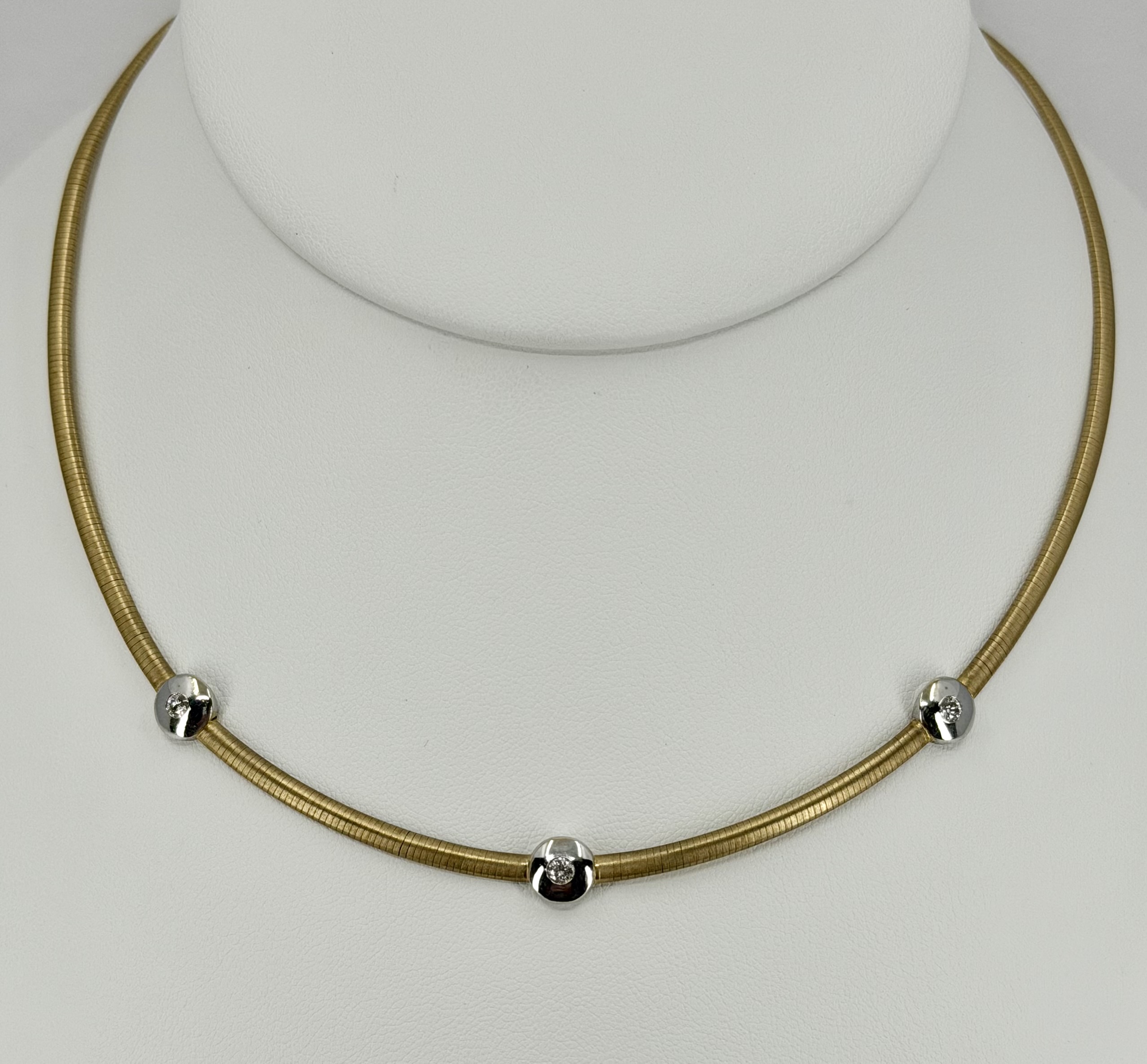 14K Yellow Gold 2.8mm Silk Finish Omega Necklace with Bezel-Set Diamond Stations