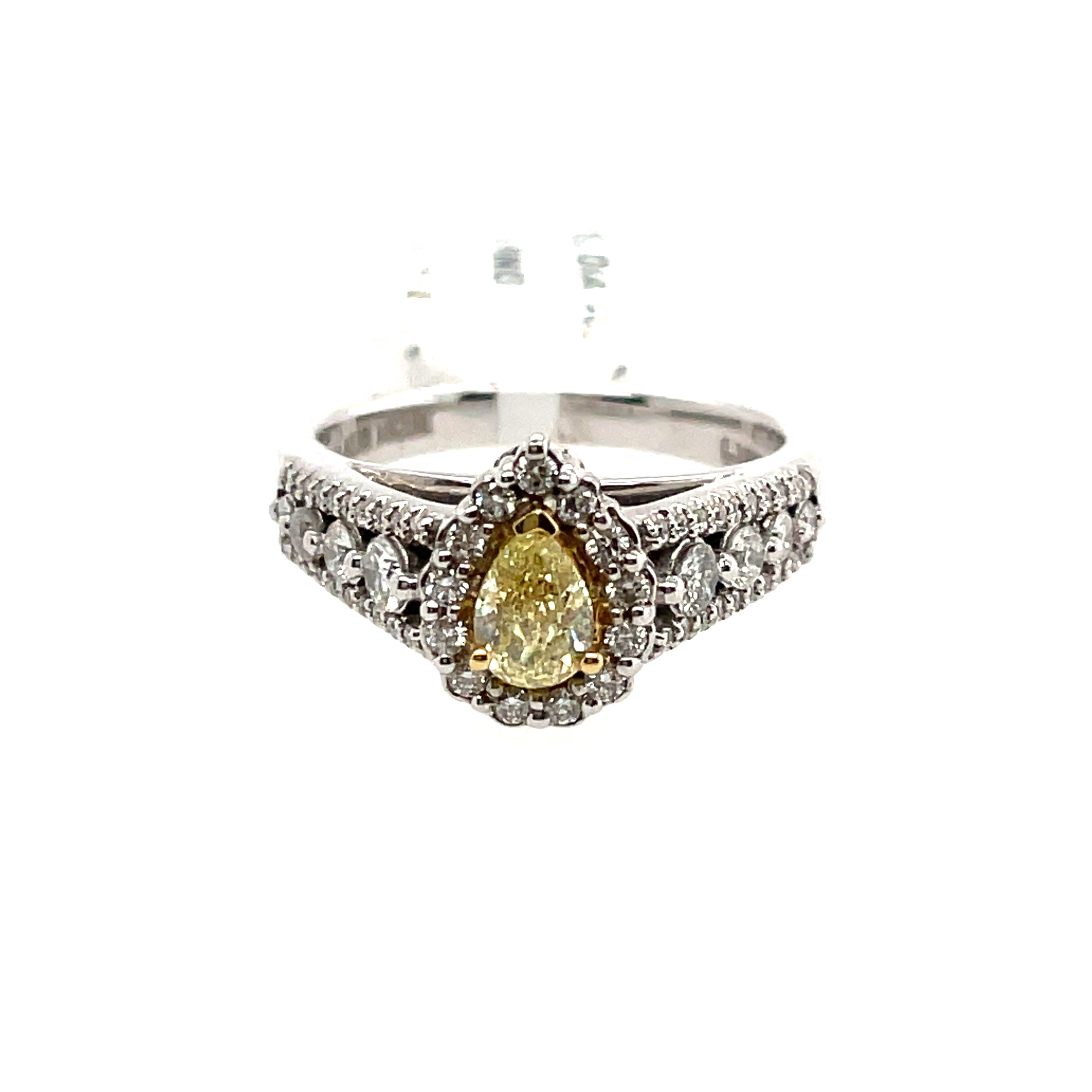 .88CTW PEAR-SHAPE HALO RING CONTAINING .54CT PEAR SHAPE FANCY YELLOW DIAMOND CENTER  62 ROUND MELEE DIAMONDS .34CTW 14KW