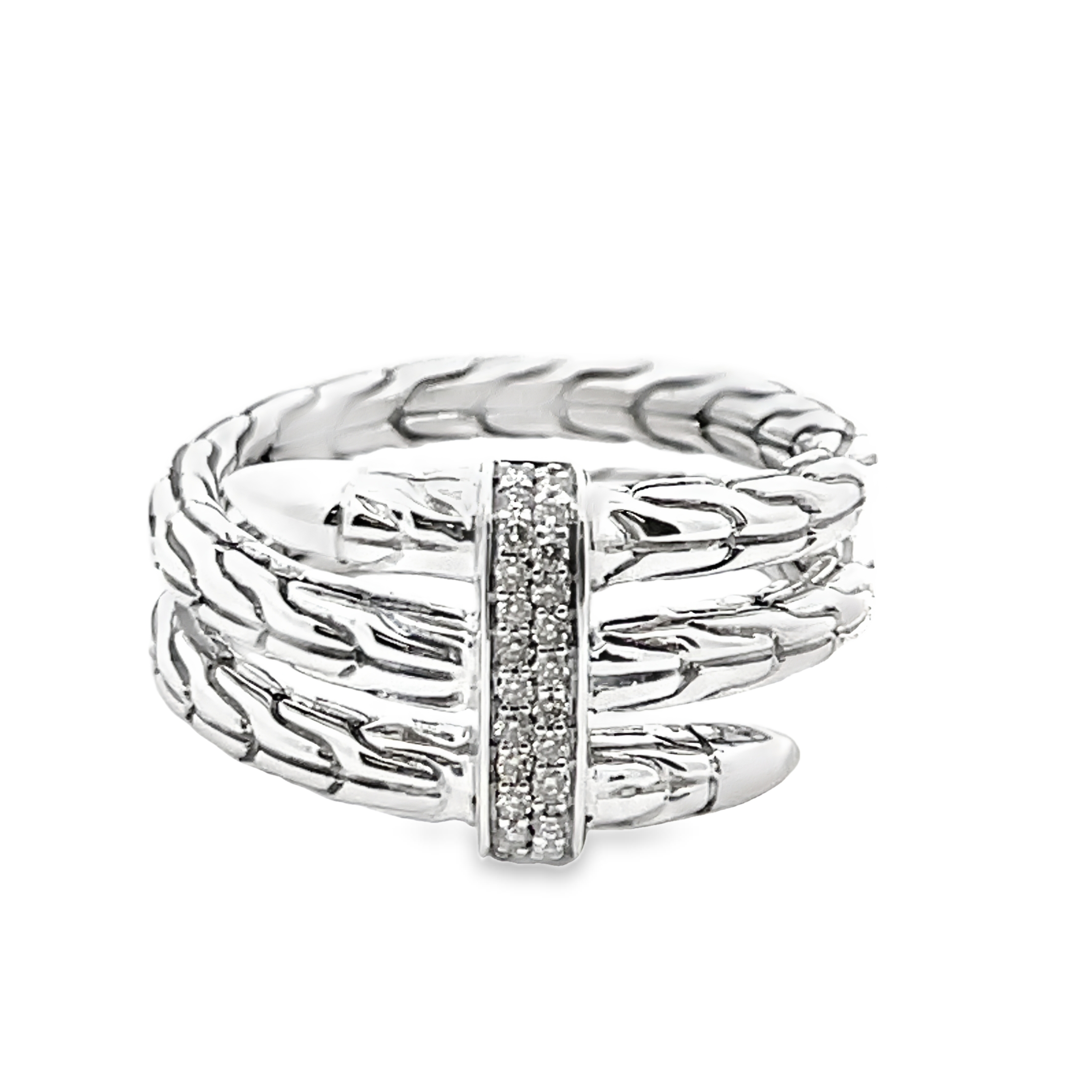 JOHN HARDY SPEAR SILVER DIAMOND PAVE DOUBLE WRAP RING; SIZE 7; .12CTW