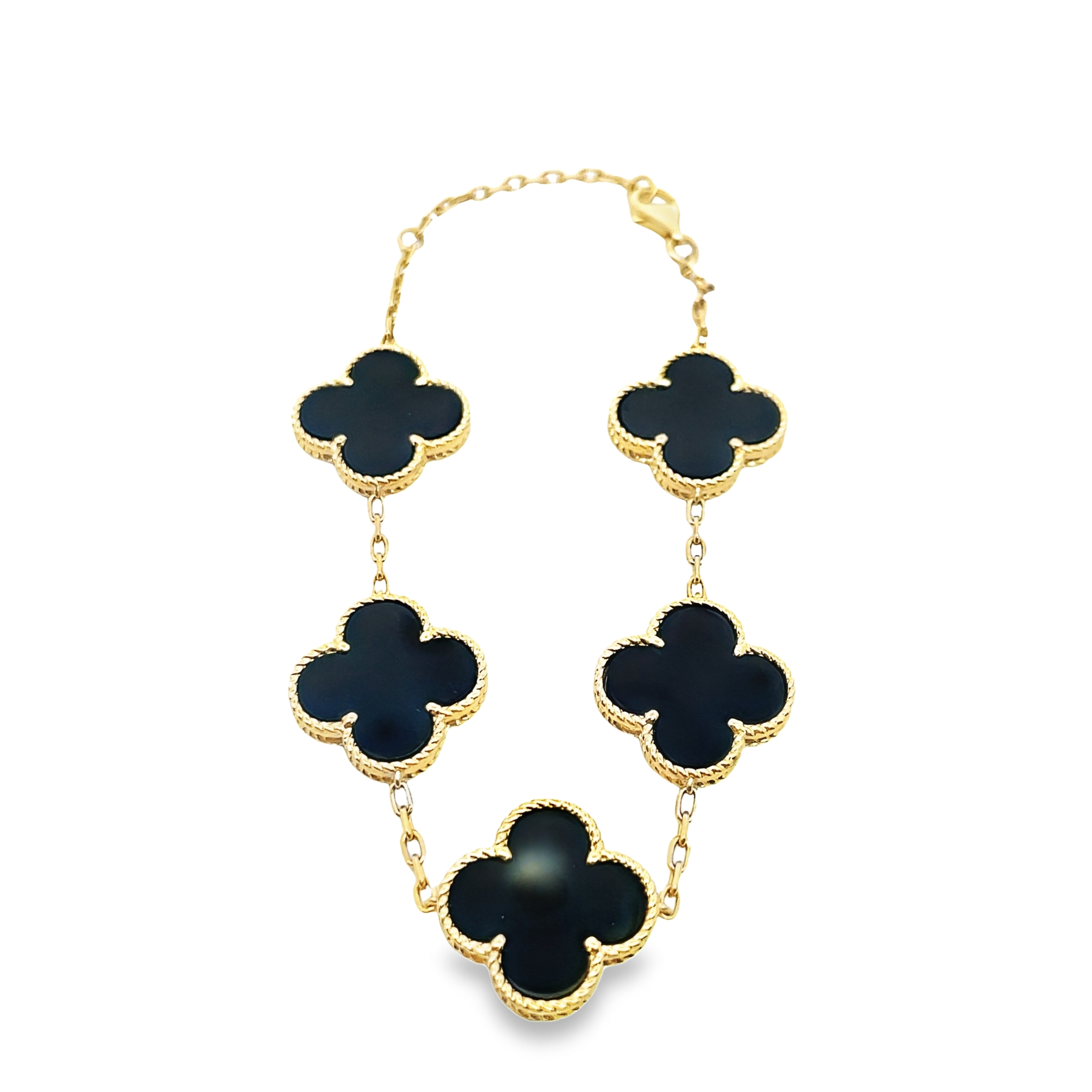 15MM CLOVER BLACK ONYX 5-STATON BRACELET 14KY