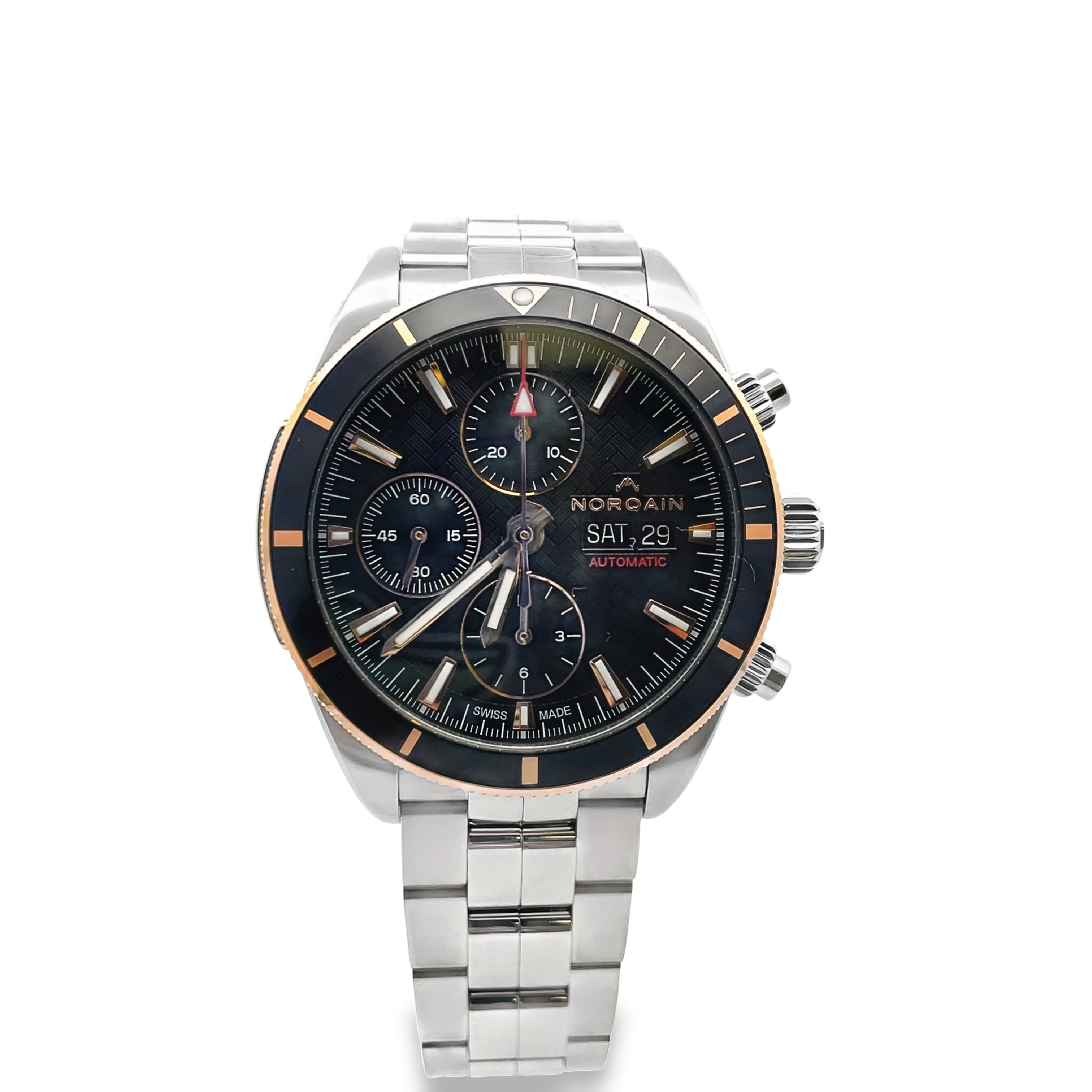 NORQAIN ADVENTURE SPORT CHRONOGRAPH DAYDATE 41MM WATCH GOLDBLACK DIAL GOLDBLACK BEZEL STAINLESS LINK BRACELET SN42952