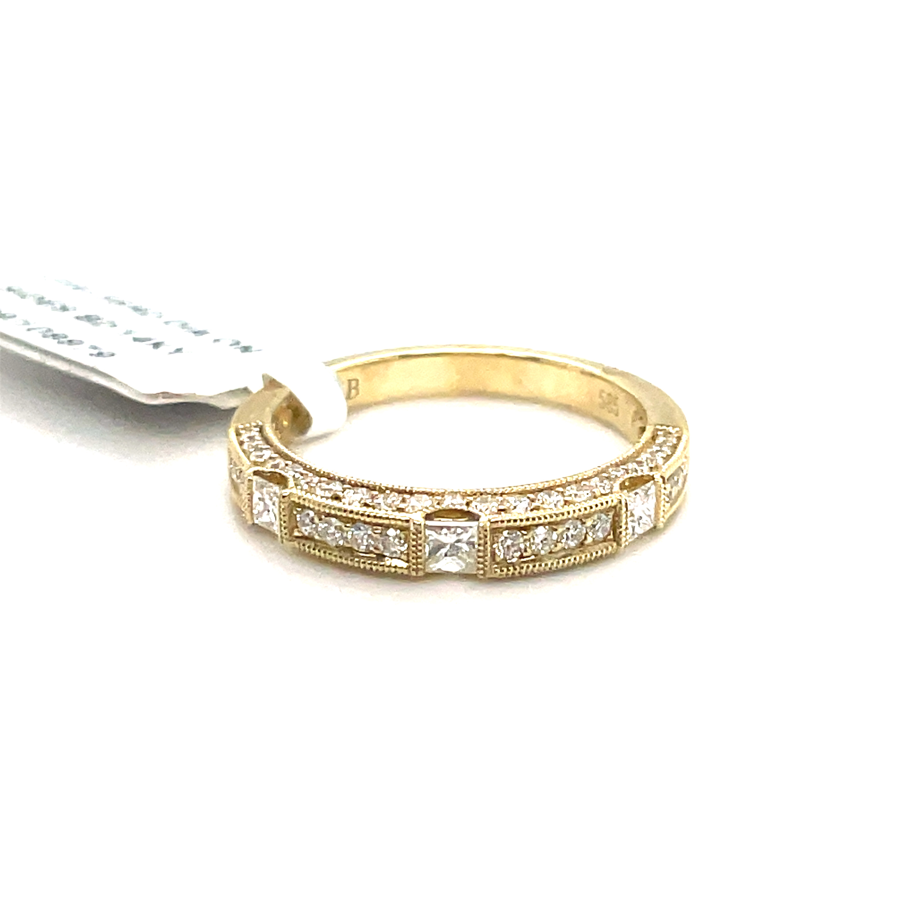 .76CTW LDS BAND WITH DIAMONDS ON THREE SIDES CONTAINING 3 BEZEL-SET PRINCESS DIAMONDS .33CTW  56 ROUND DIAMONDS .43CTW 14KY