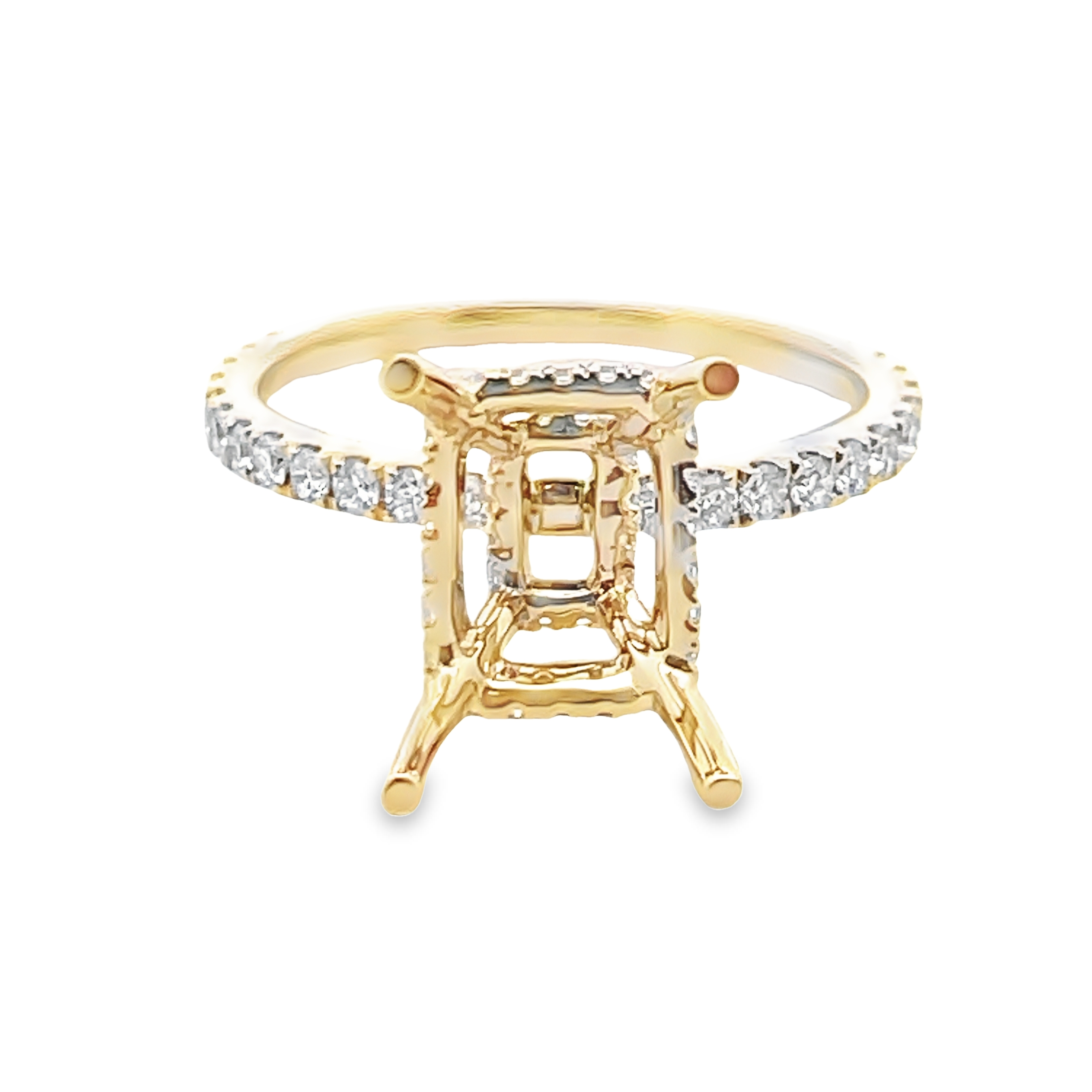 .54CTW DIAMOND DOUBLE HIDDEN-HALO ENGAGEMENT RING SEMI MOUNTING FOR EMERALD CUT CENTER CONTAINING 68 ROUND DIAMONDS 14KY
