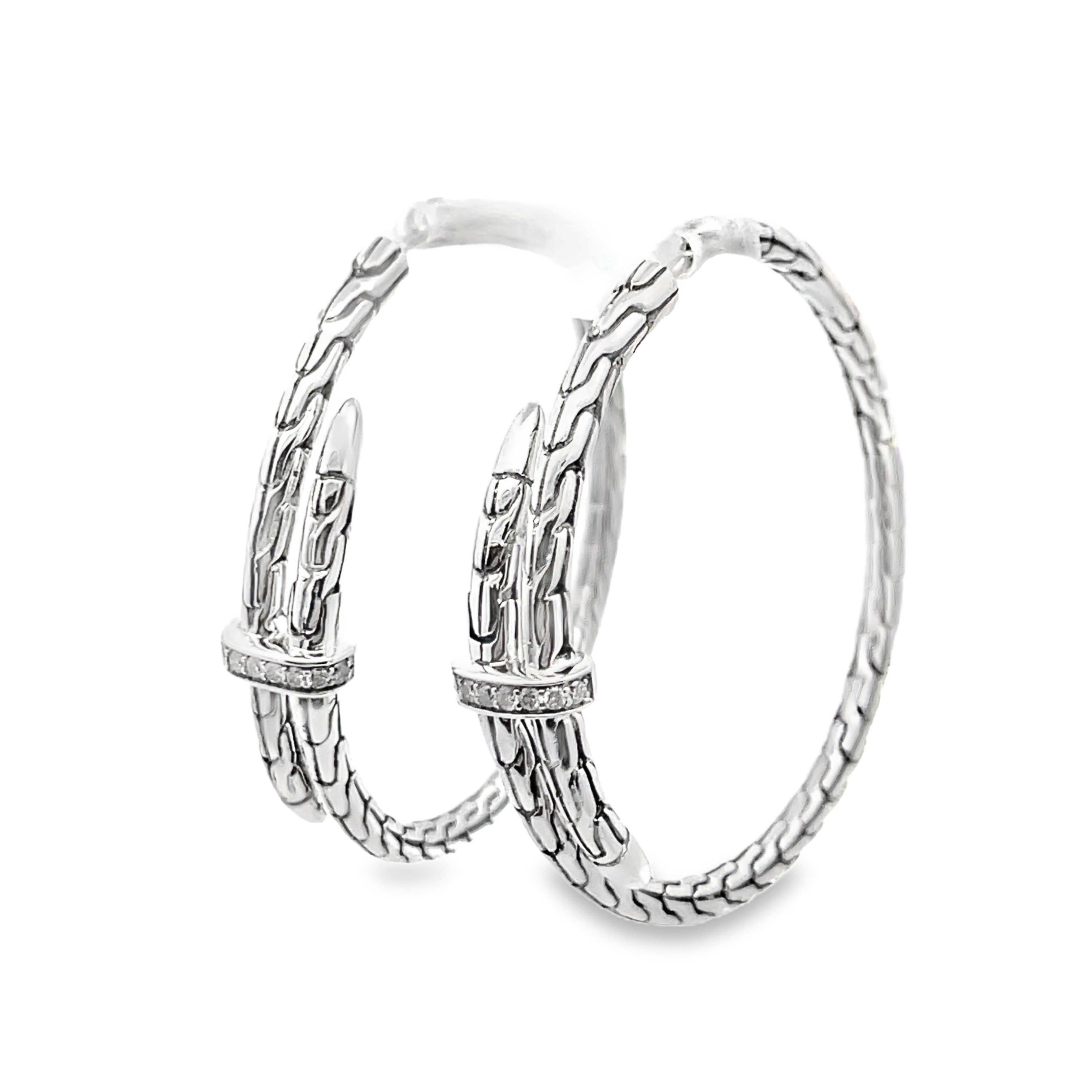 JOHN HARDY SPEAR SILVER DIAMOND PAVE 34MM ROUND HOOP EARRINGS; .12CTW