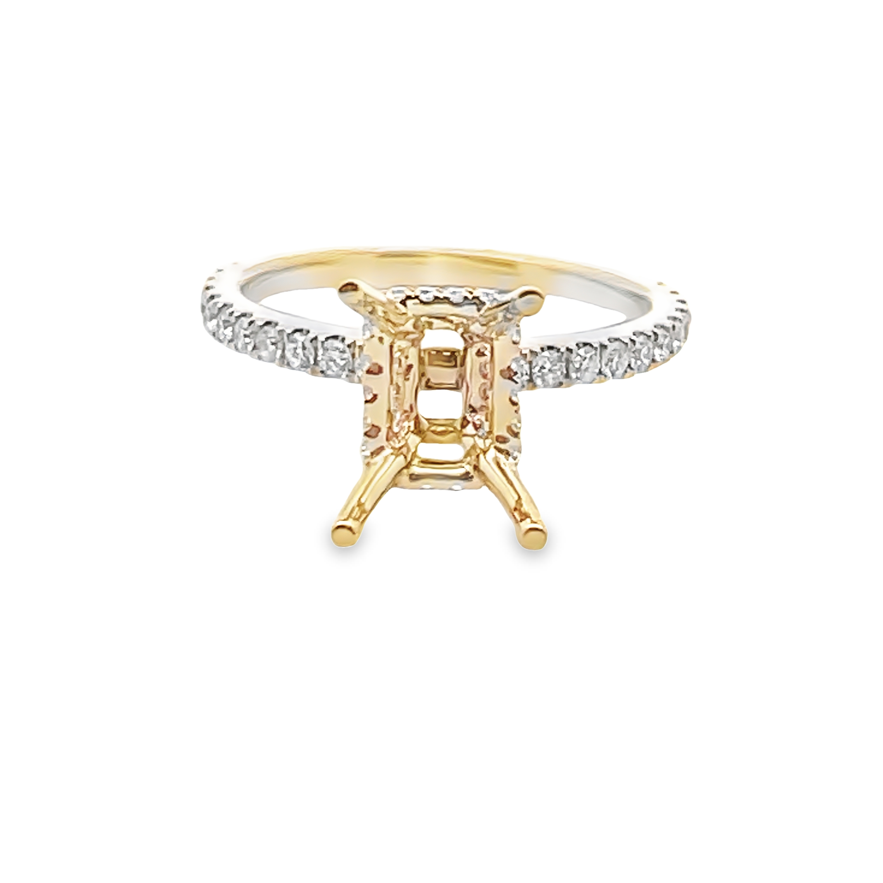 .50CTW DIAMOND DOUBLE HIDDEN-HALO ENGAGEMENT RING SEMI MOUNTING FOR EMERALD CUT CENTER CONTAINING 64 ROUND DIAMONDS 14KY