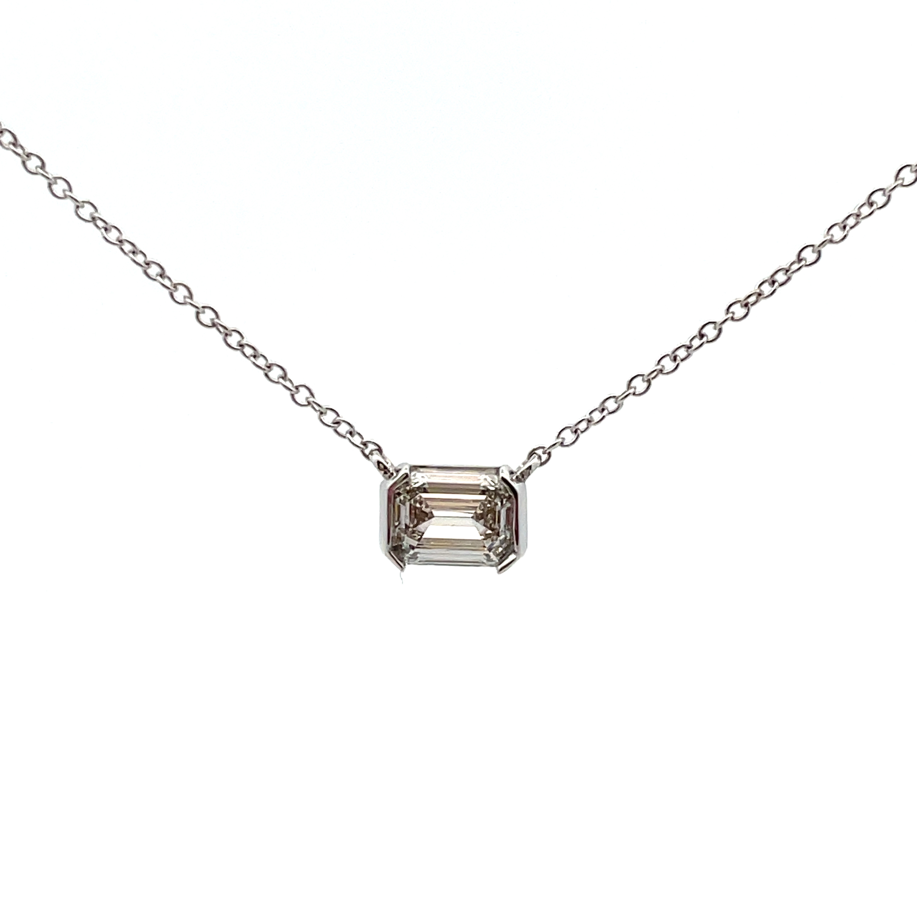 SUPER MAN MADE CREATED 1.06CT EMERALD CUT DIAMOND BEZEL-SET SOLITAIRE EAST-WEST CENTER NECKLACE I VS2 IGI LG22274610 14KWLG-11041