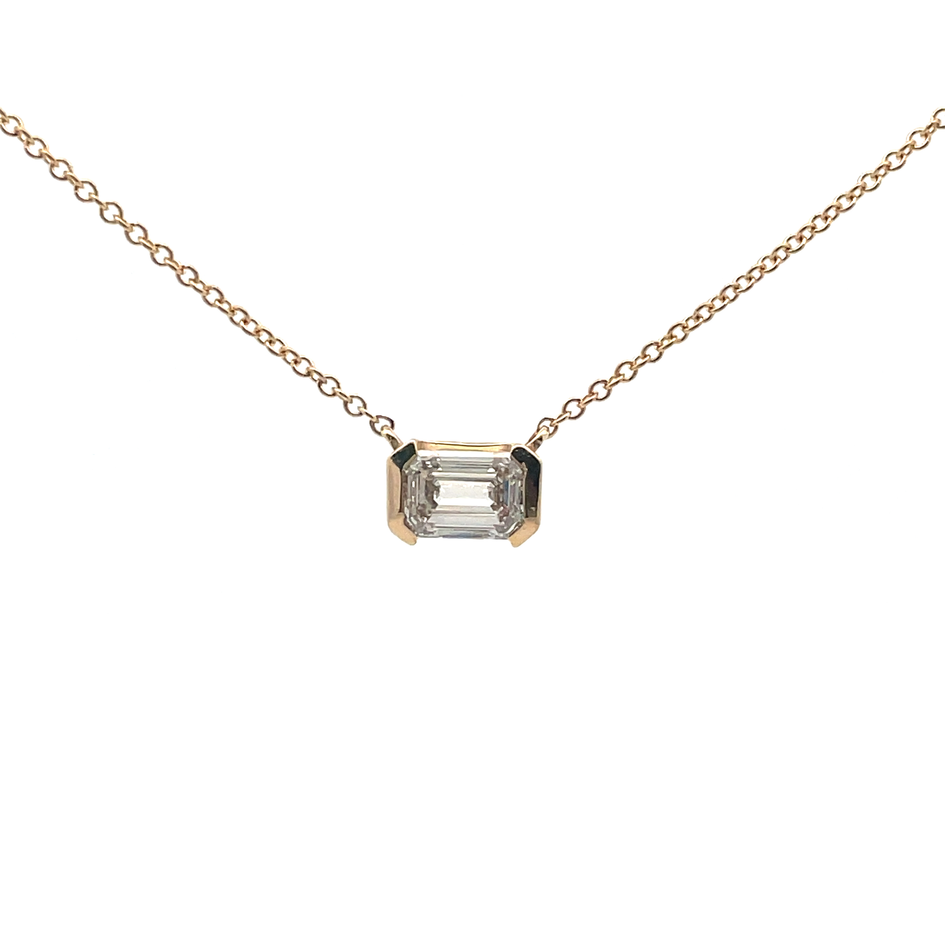 SUPER MAN MADE CREATED 1.01CT EMERALD CUT DIAMOND I VS1 IGI LG22274604 HALF-BEZEL-SET EAST-WEST SOLITAIRE CENTER NECKLACE 14KYLG-11009