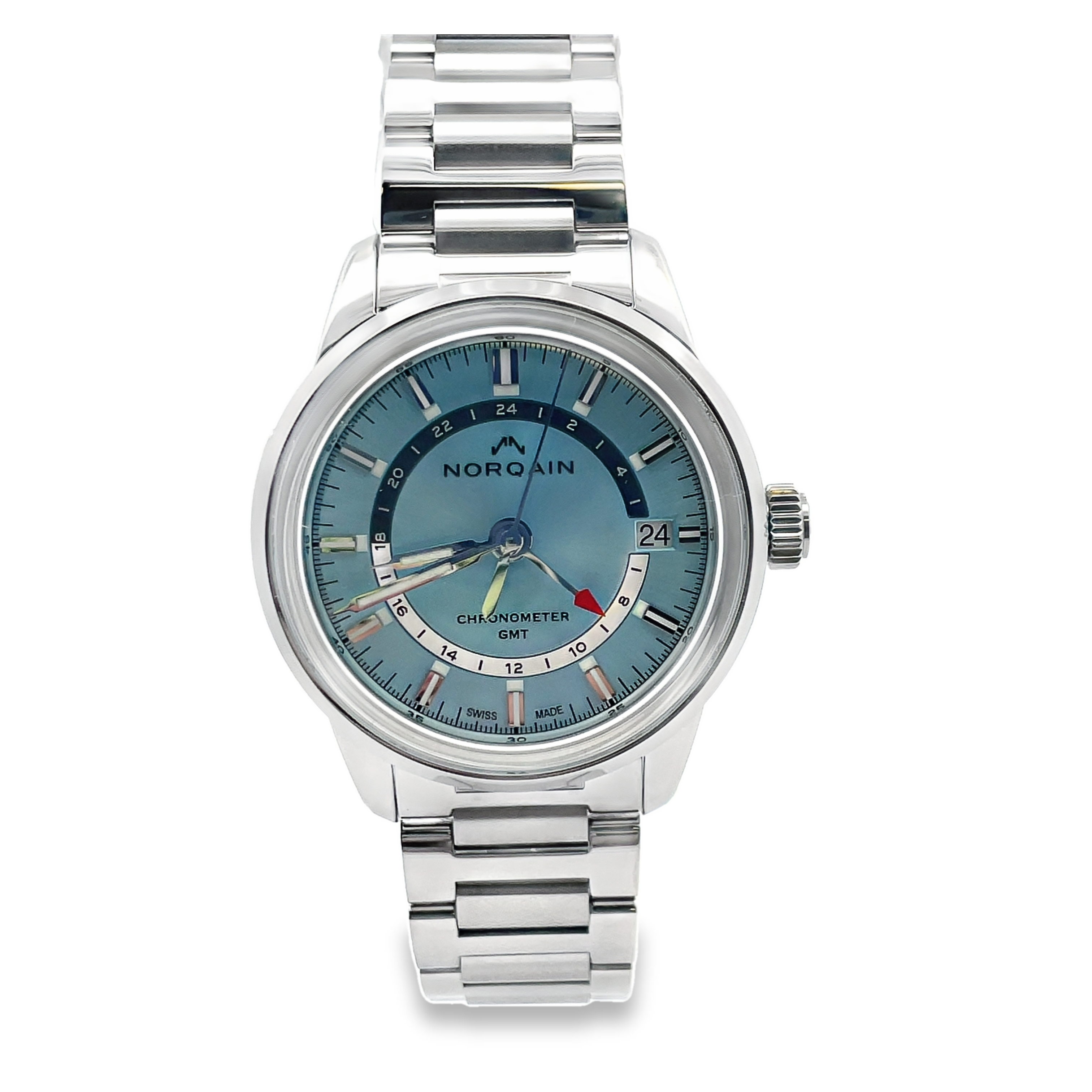 NORQAIN FREEDOM 60 GMT WATCH ICE BLUE DIAL LINK BRACELET STAINLESSSERIAL NUMBER 37187