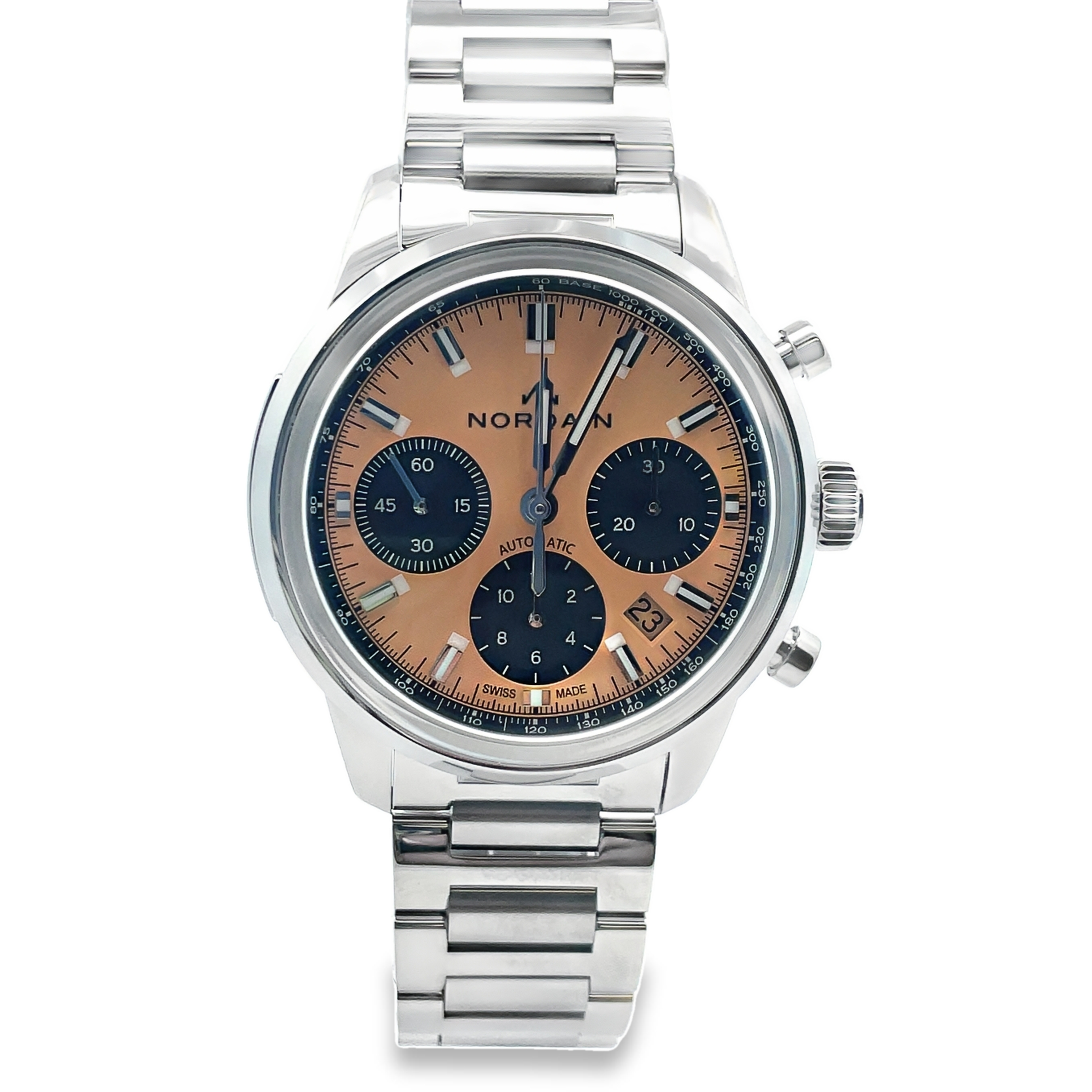 NORQAIN FREEDOM 60 40MM CHRONOGRAPH WATCH PEACH DIALBLACK SUBDIALS LINK BRACELET STAINLESSSERIAL NUMBER 49842