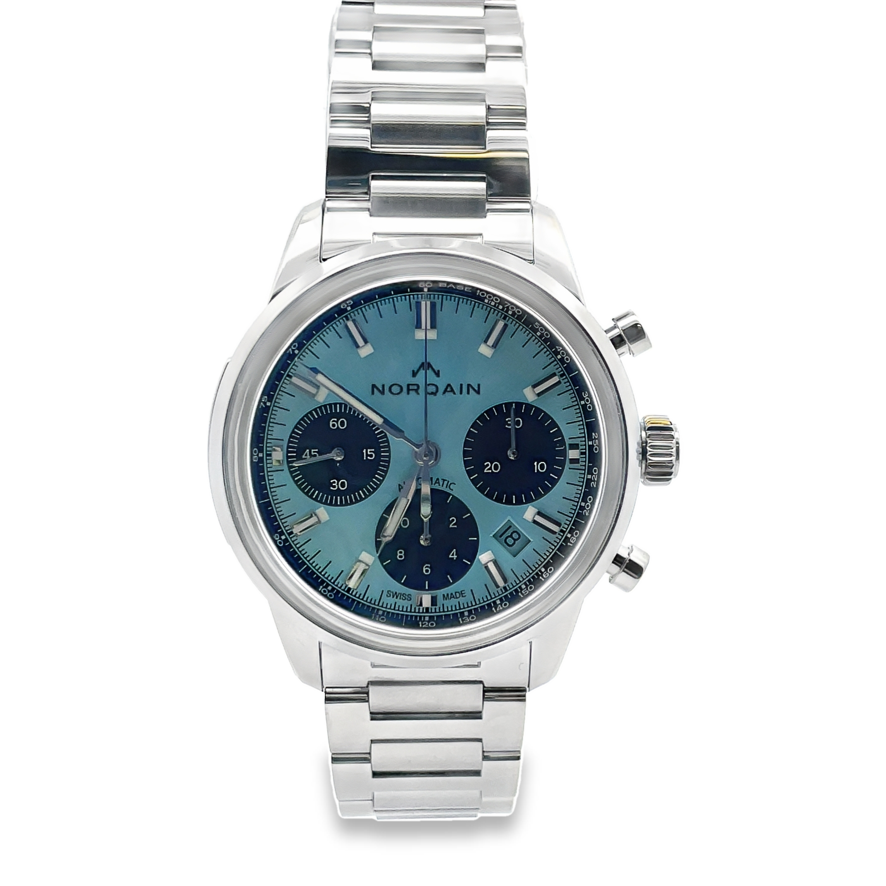 NORQAIN FREEDOM 60 40MM CHRONOGRAPH WATCH SKY BLUE/DARK BLUE DIAL LINK BRACELET STAINLESSSERIAL NUMBER 49985