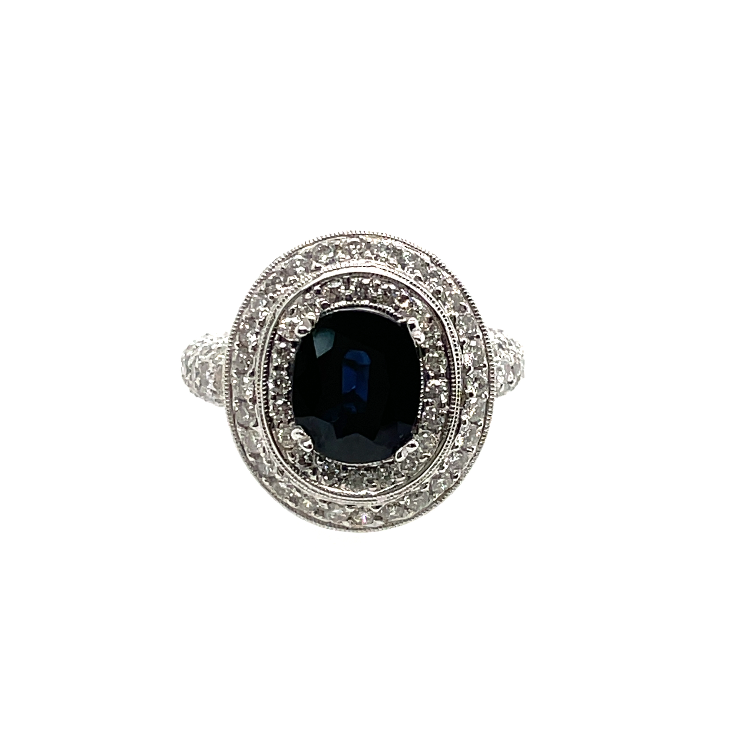 2.44CT OVAL BLUE SAPPHIRE OVAL PAVE DOUBLE HALO RING 188 DIAMOND 2.00CTW 18KW 4.44CTGW RING