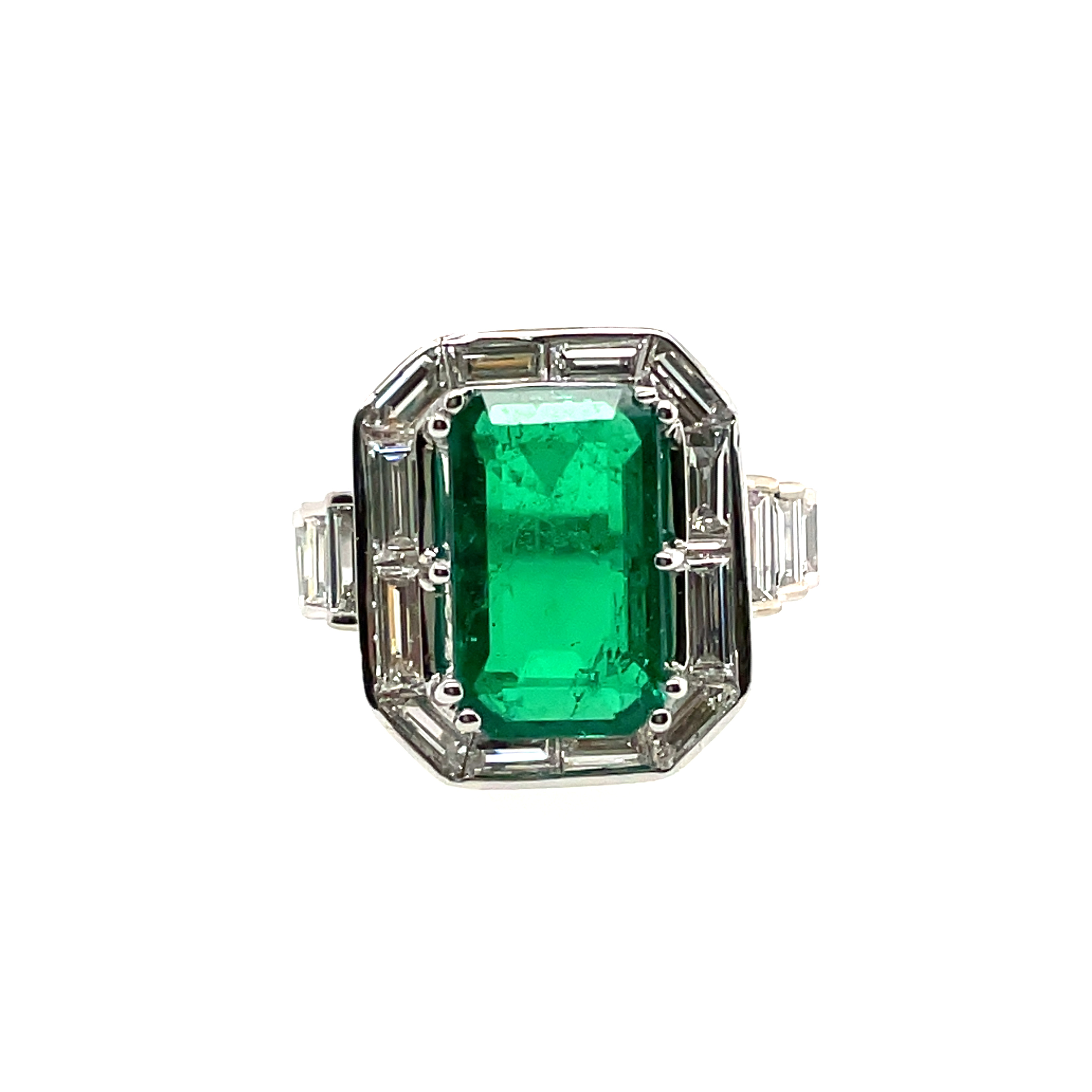 3.67CT ELONGATED EMERALD CUT EMERALD 18 BAGUETTE DIAMONDS2.51CTW G-H VS1-VS2 RING 18KW