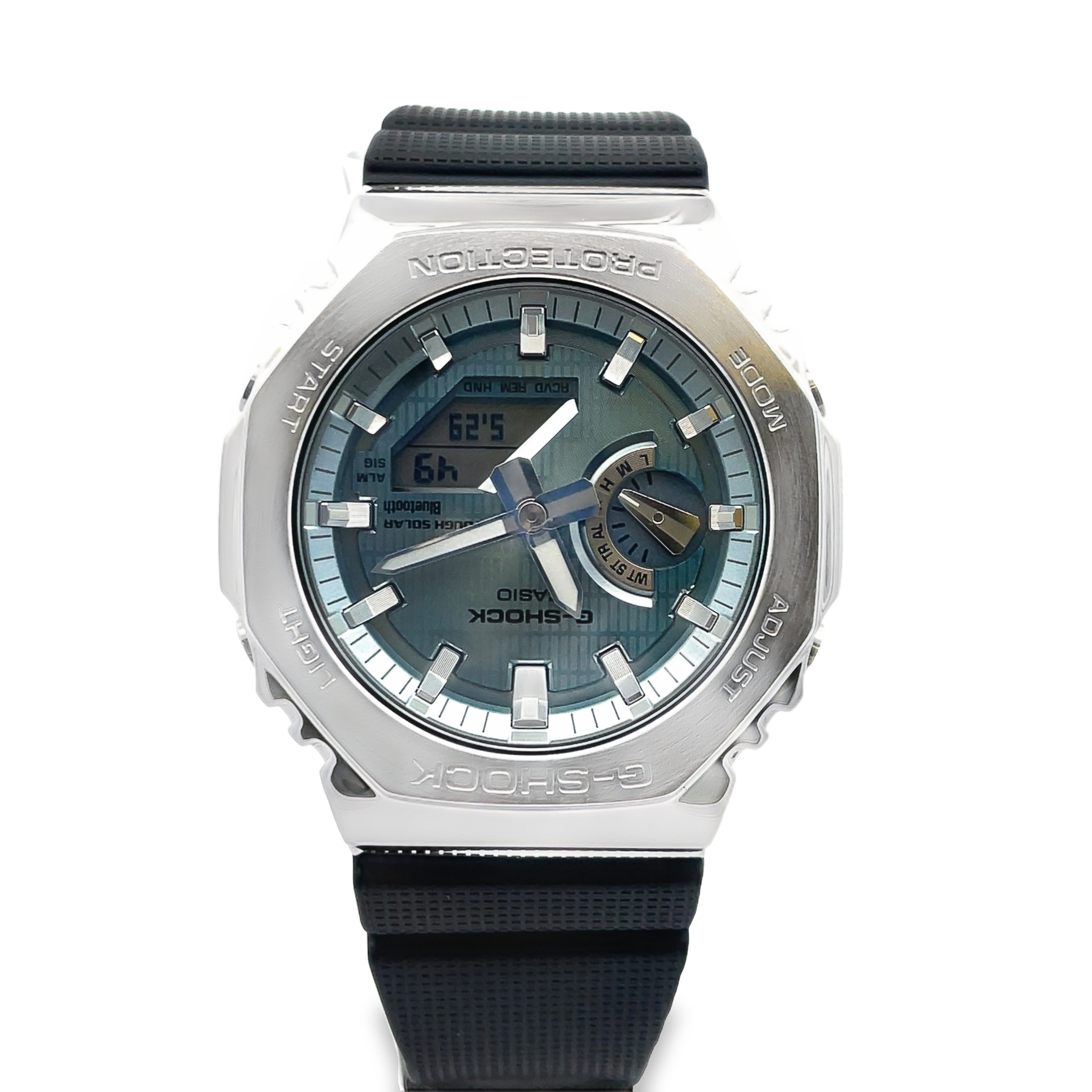 CASIO G-SHOCK ANALOGUE/DIGITAL SOLAR BLUE DIAL; BLACK RESIN WATCH