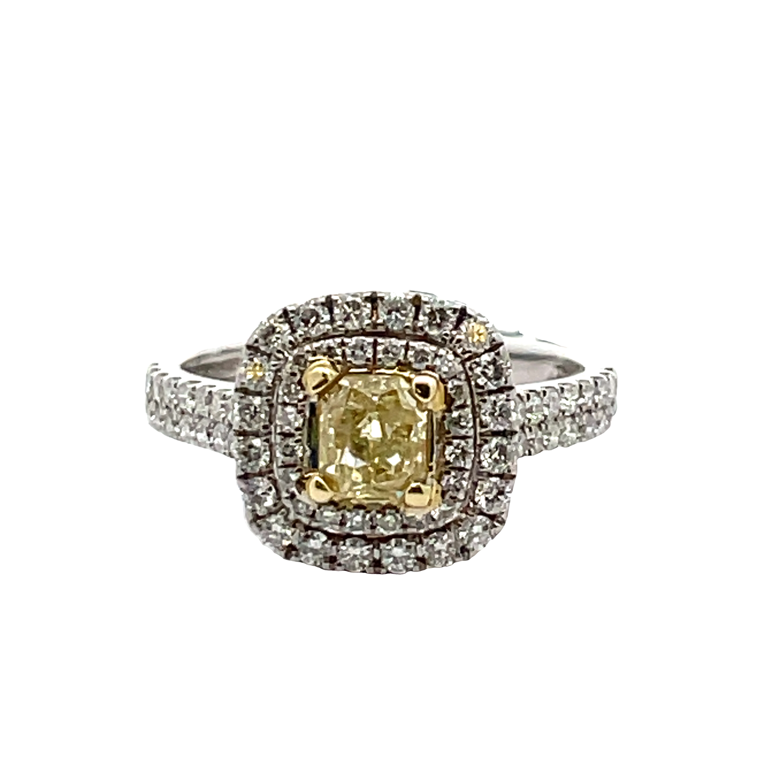 SQUARE DOUBLE HALO ENGAGEMENT RING CONTAINING .74CT FANCY YELLOW RADIANT-CUT DIAMOND CENTER  72 ROUND MELEE DIAMONDS .68CTW RING1.42CTW 18KW