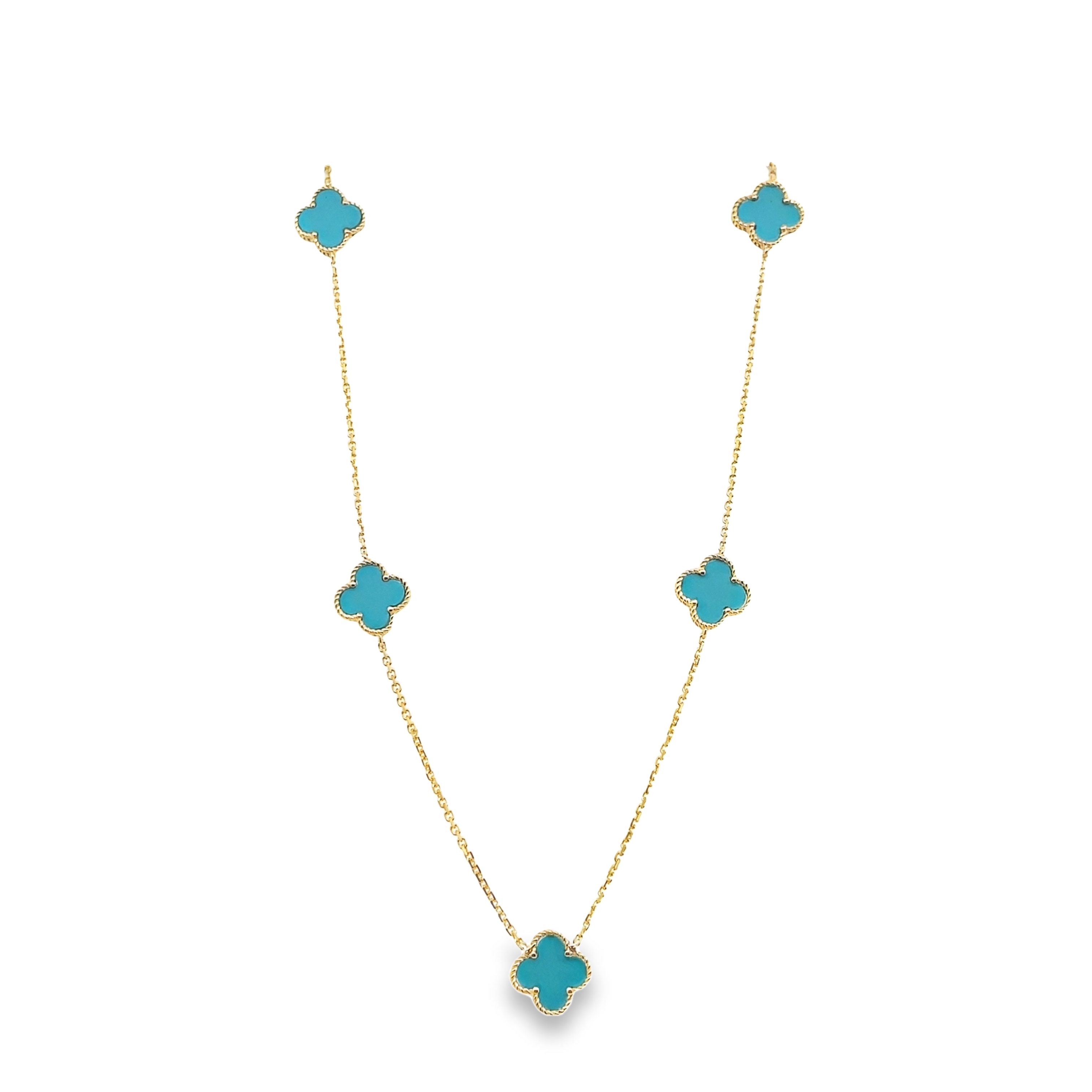 9MM CLOVER TURQUOISE 5-STATION NECKLACE 14KY