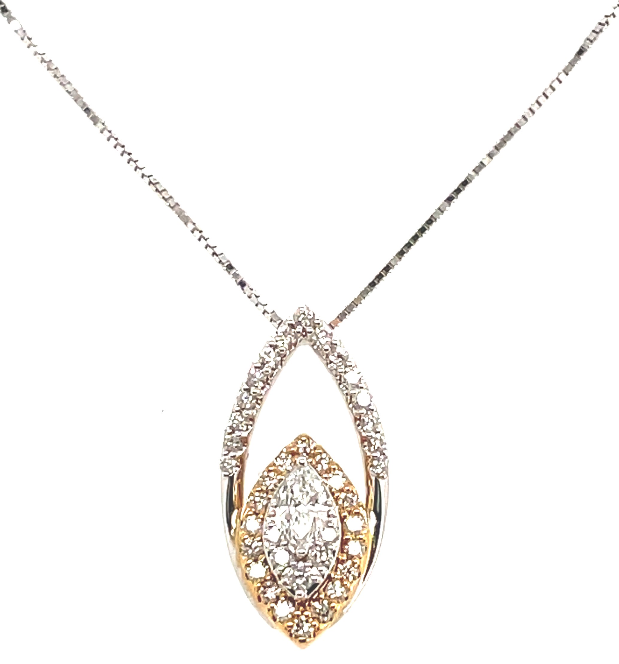 1/3CTW TT MARQUISE IN MARQUISE PENDANT/CHAIN CONTAINING: 1 MARQUISE DIAMOND + 38 ROUND MELEE DIAMONDS; 14KWY BOX CHAIN INCLUDED