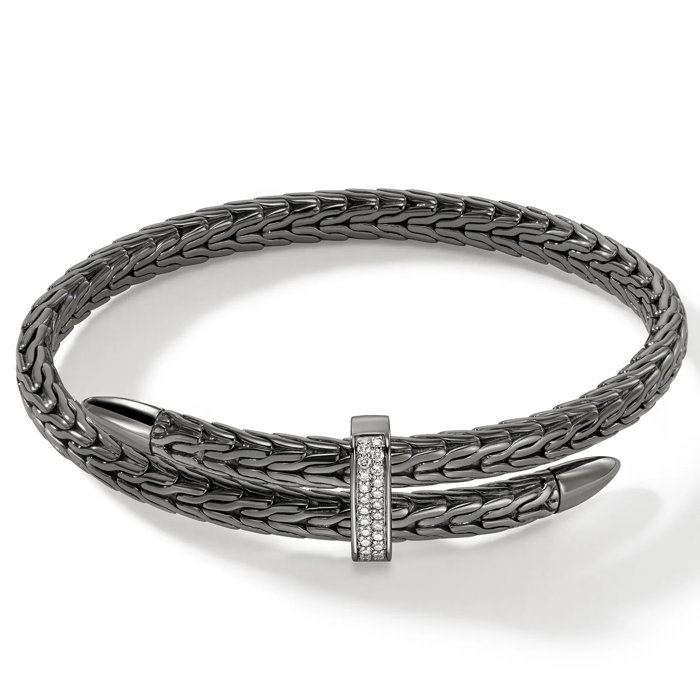 JOHN HARDY SPEAR SILVER DIAMOND PAVE BYPASS FLEX CUFF WITH BLACK RHODIUM; SIZE M; .25CTW