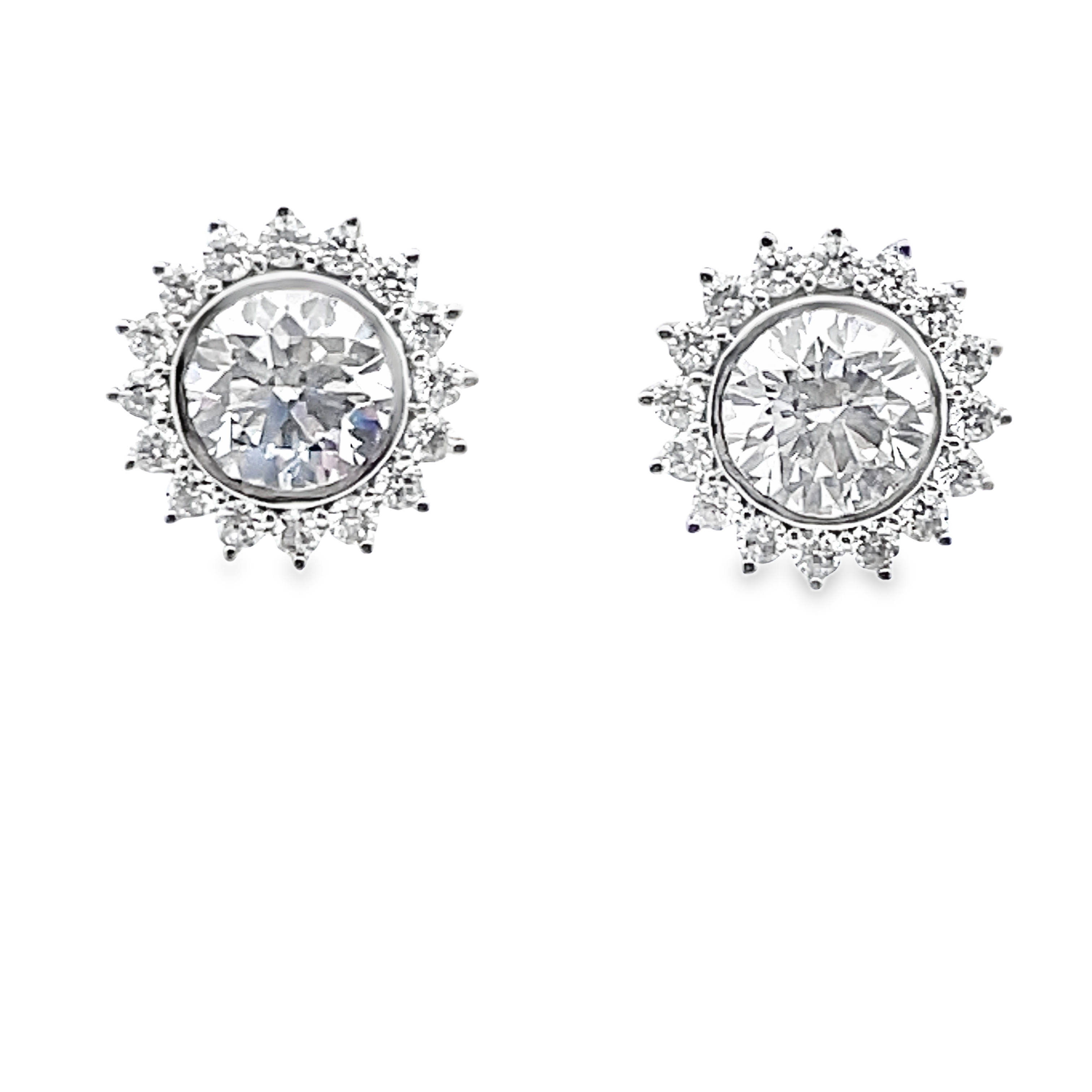 SUPER MAN MADE CREATED 2.55CTW DIAMOND HALO EARRINGS CONTAINING 2 ROUND BEZEL-SET CENTER DIAMONDS 2.04CTW  32 ROUND PRONG-SET HALO DIAMONDS .51CDTW E-F VS 14KWIGI CARD CERT 40J336232406