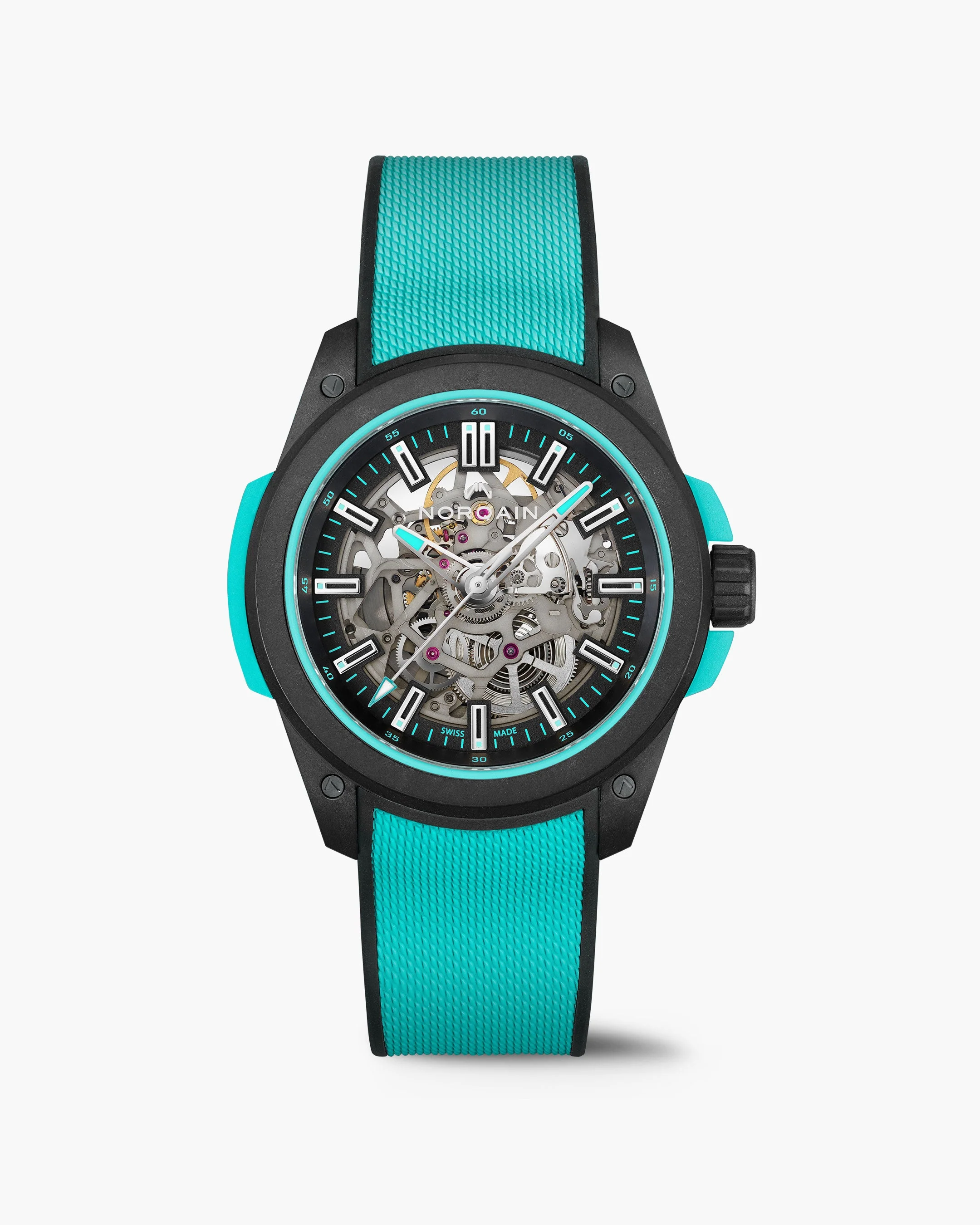 NORQAIN 42MM WILD ONE SKELETON  BLACK DIAL WATCH TURQUOISE RUBBER STRAP