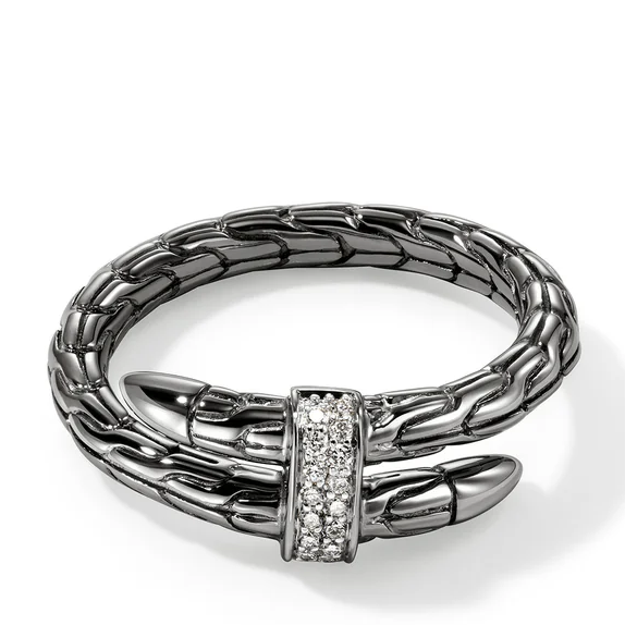 JOHN HARDY SPEAR SILVER DIAMOND PAVE SINGLE-WRAP BLACK RHODIUM RING .08CTW SIZE 7