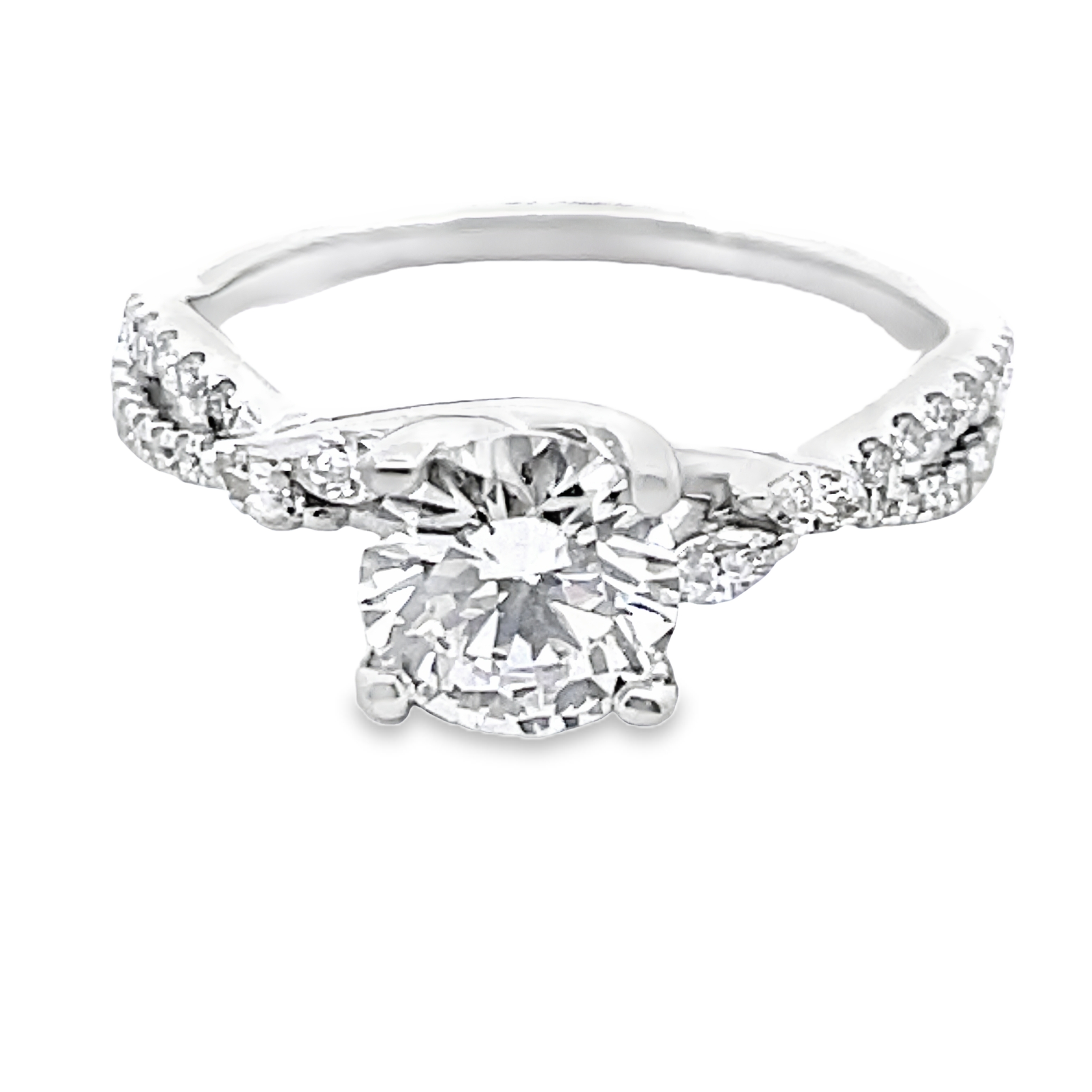 SUPER MAN MADE CREATED 1.30CTW DIAMOND CROSSOVER-SHANK ENGAGEMENT RING CONTAINING: 1.06CT ROUND DIAMOND CENTER E VVS2 LG587315050 + 4 MARQUISE DIAMONDS + 32 ROUND DIAMONDS .24CTW E-F VS 14KW LG-18244